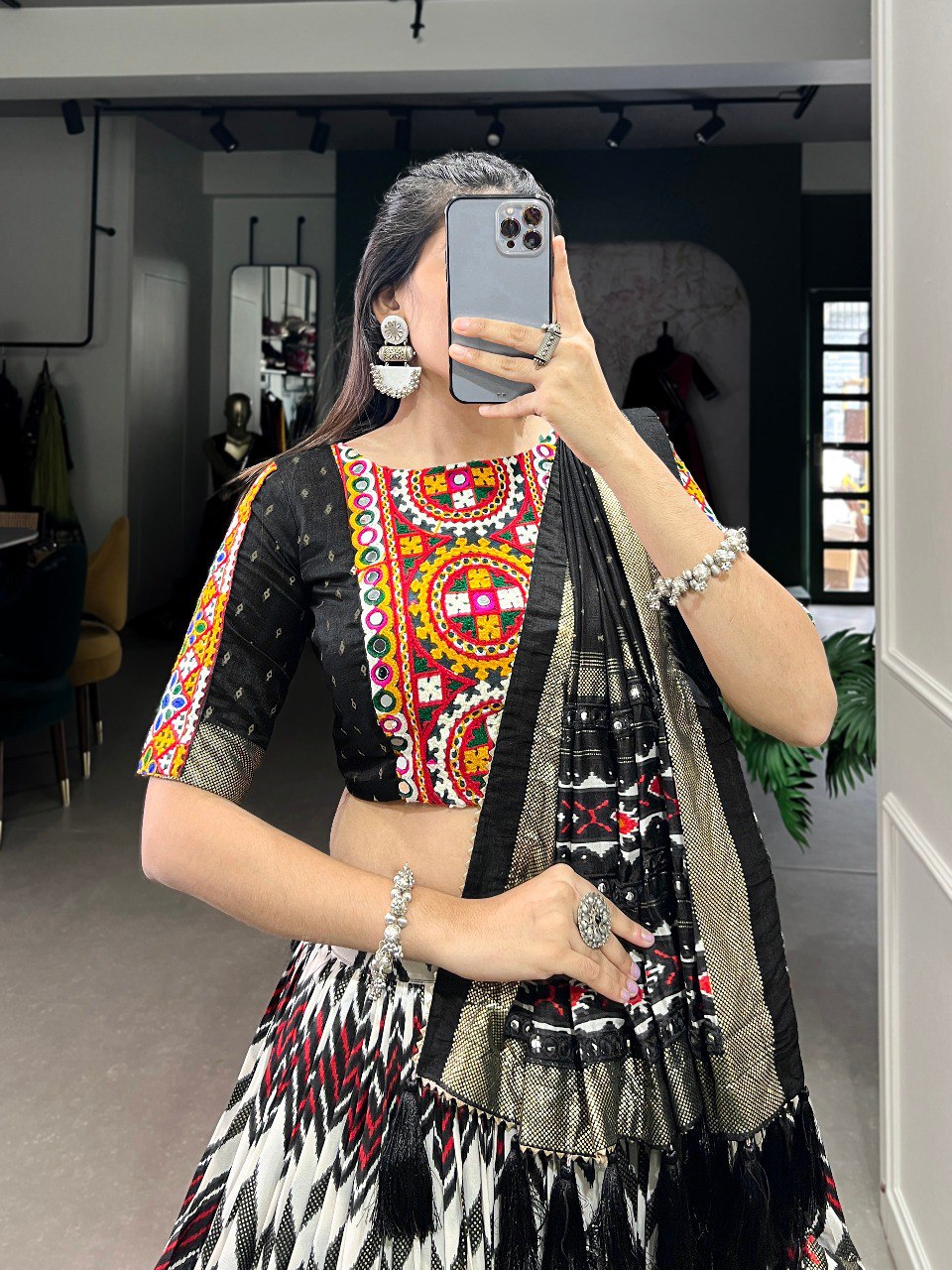 Lorenvalley Tussar Silk Black Leheriya Print with Foil Print and Paper Mirror Work Lace Lehenga Choli with Dupatta | Swadesiicart