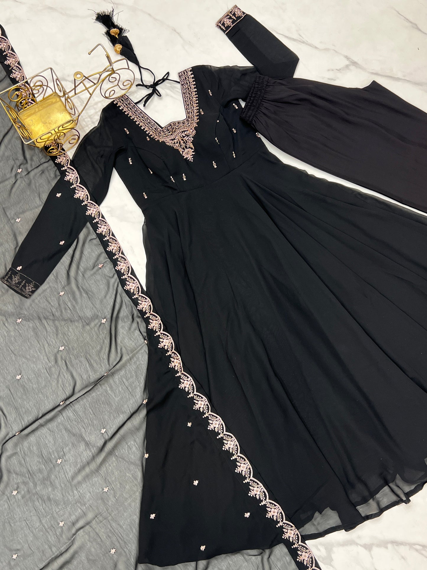Lorenvalley Black Faux Georgette Fancy Embroidery Beads And Jari Work Anarkali Kurta Palazzo With Dupatta Set | Swadesiicart