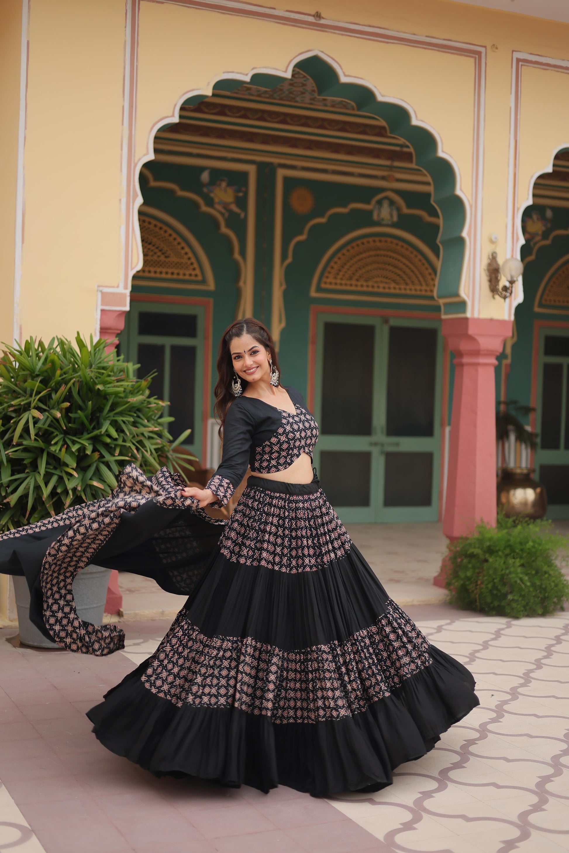Lorenvalley Black Printed Rayon Navratri Collection Lehenga Choli with Dupatta | Swadesiicart