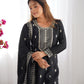 Lorenvalley Black Chinon Silk Embroidery Sequence and Jari Work Kurta Trousers with Dupatta Set | Swadesiicart