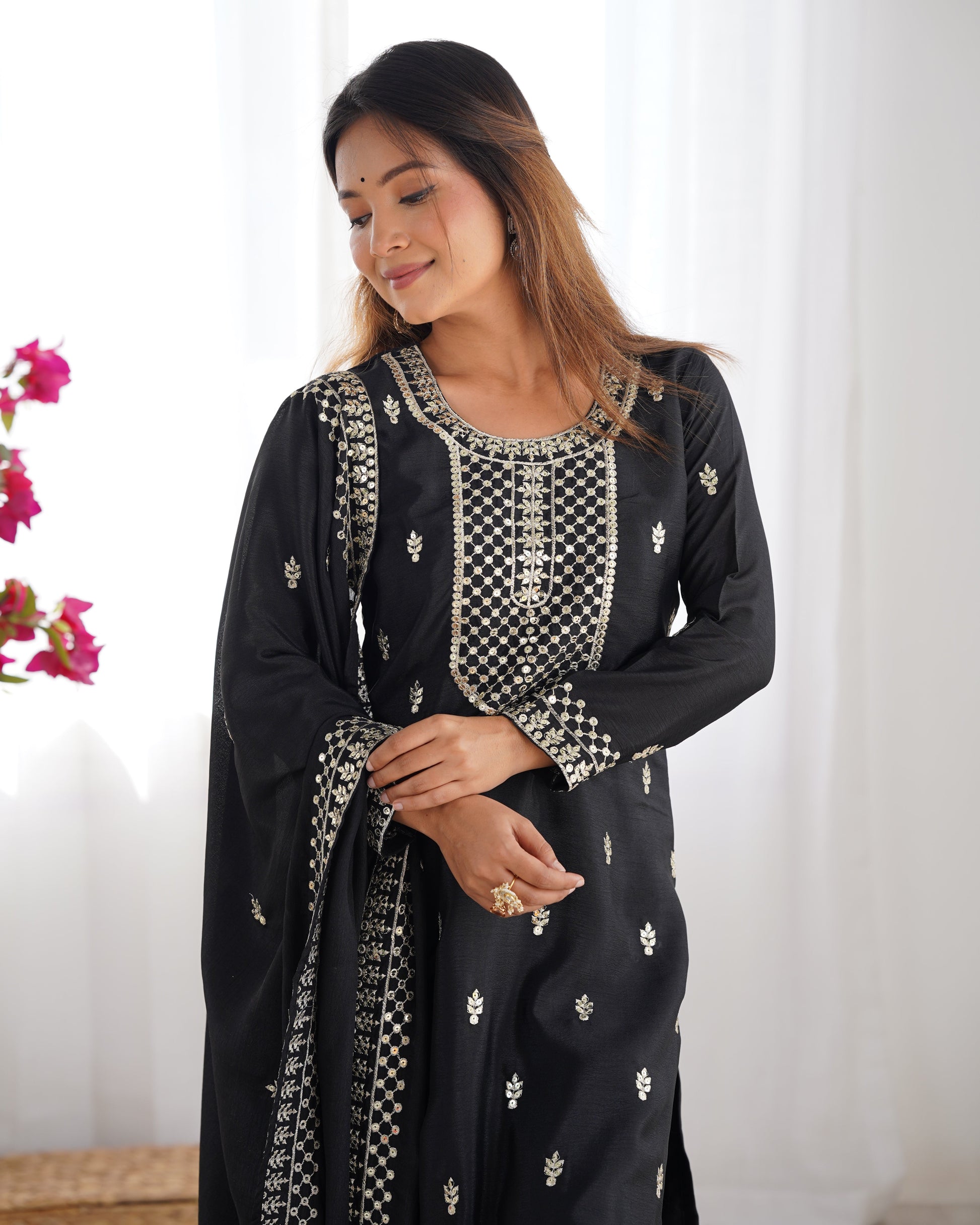 Lorenvalley Black Chinon Silk Embroidery Sequence and Jari Work Kurta Trousers with Dupatta Set | Swadesiicart