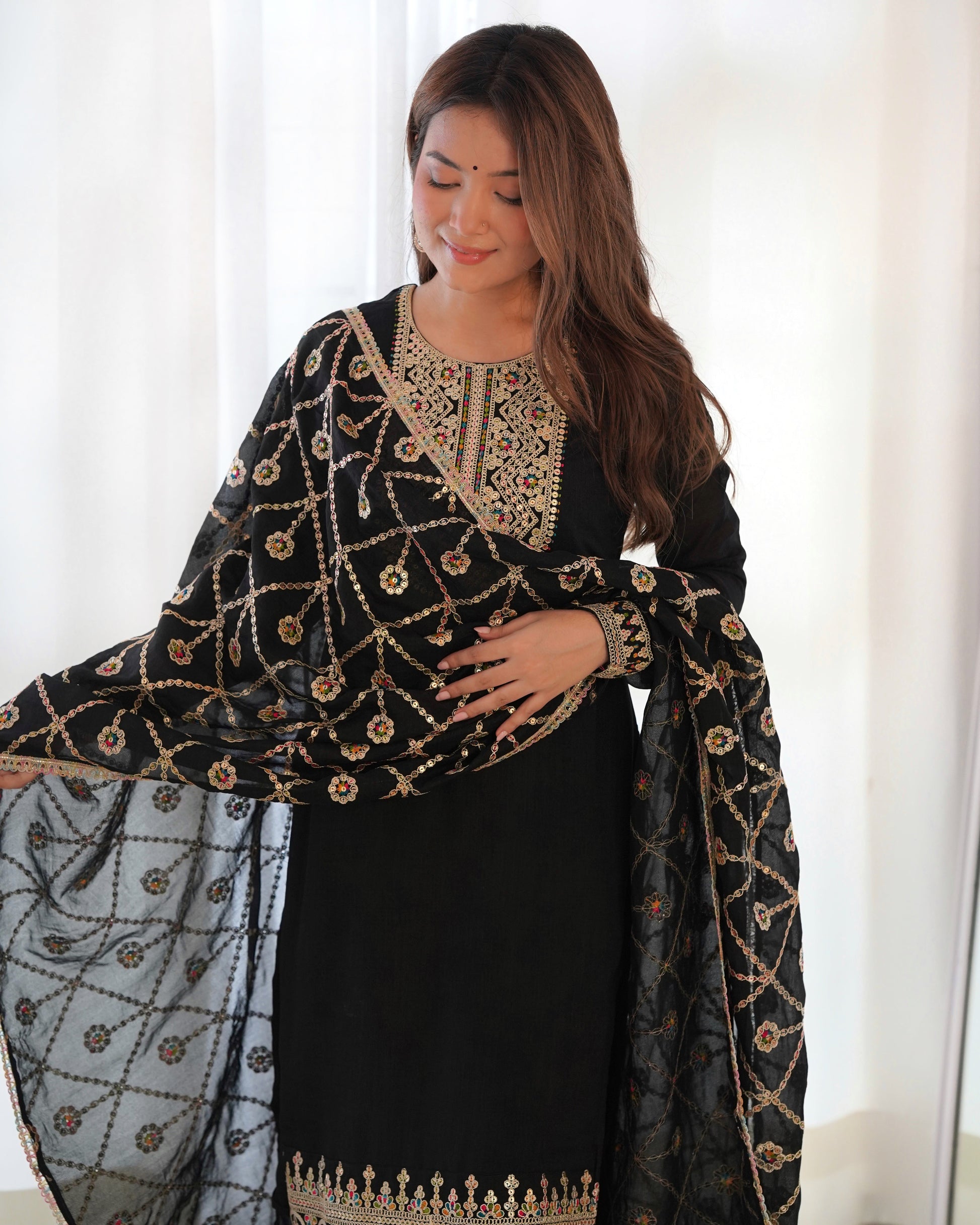 Lorenvalley Black Vichitra Silk Embroidery Sequence and Dori Thread Work Kurta Trousers with Dupatta Set | Swadesiicart