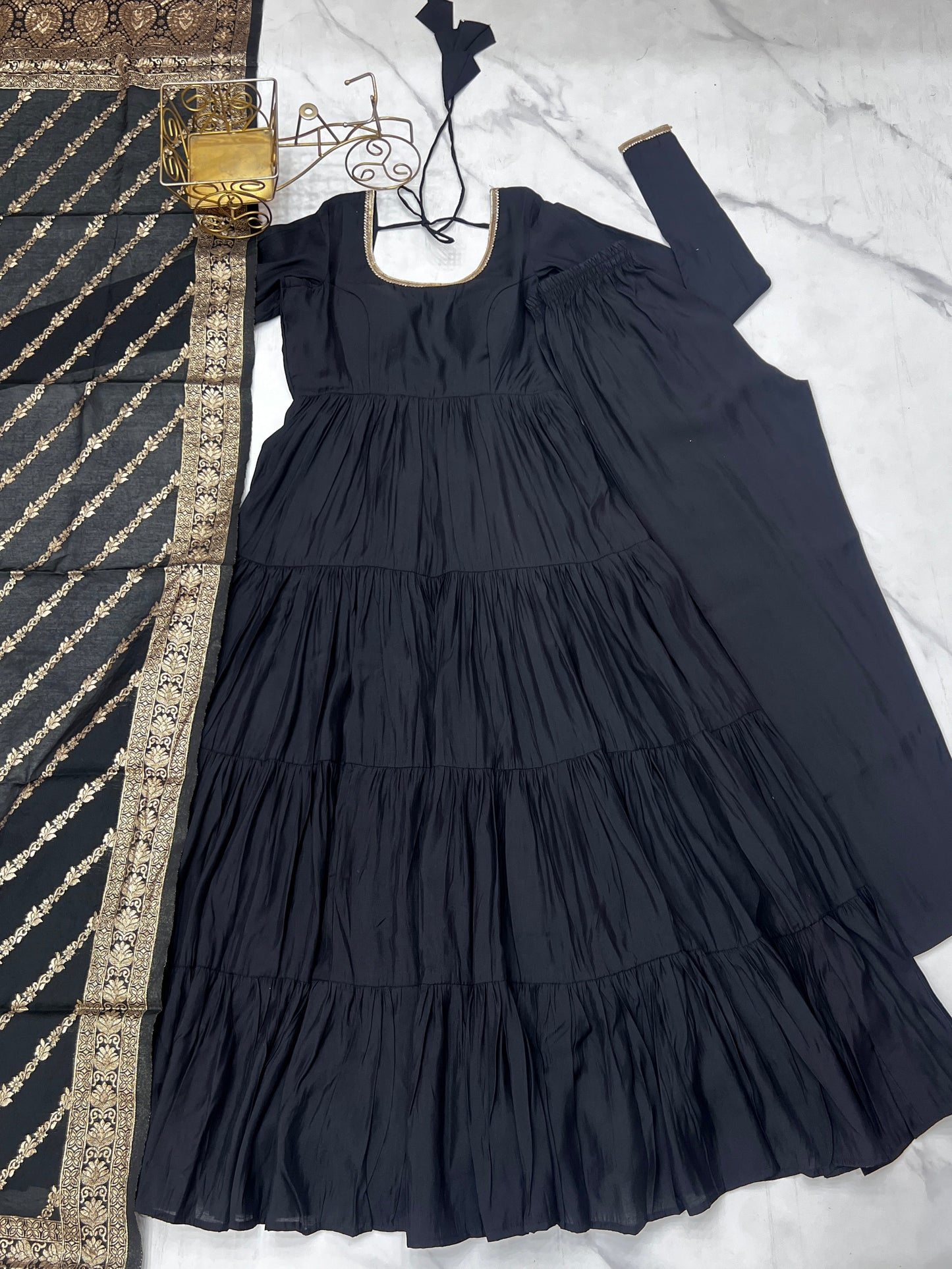 Lorenvalley Women Pure Roman silk Chanderi Fabric Layer Gathering Anarkali Kurta Pant With Dupatta Set | Swadesiicart