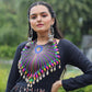 Lorenvalley Black Cotton Printed With Kutchi Gamthi Work and Kodi Lace Gown | Swadesiicart