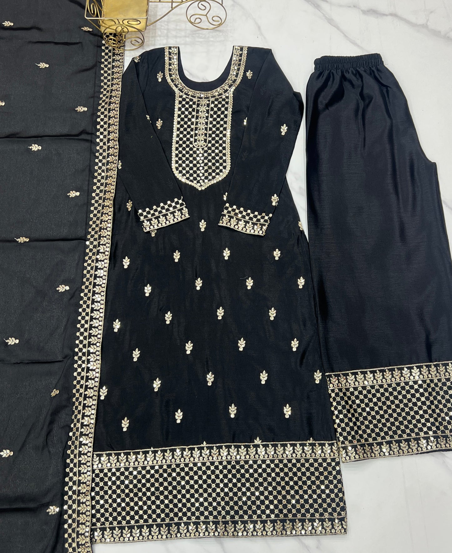 Lorenvalley Black Chinon Silk Embroidery Sequence and Jari Work Kurta Trousers with Dupatta Set | Swadesiicart