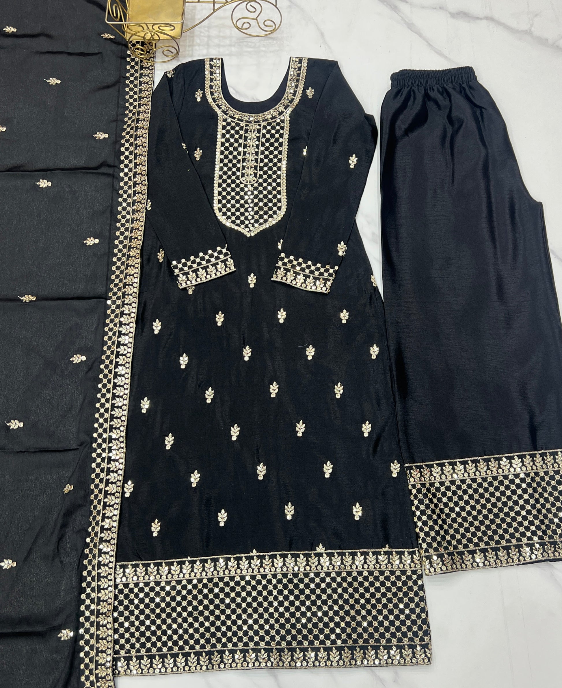 Lorenvalley Black Chinon Silk Embroidery Sequence and Jari Work Kurta Trousers with Dupatta Set | Swadesiicart
