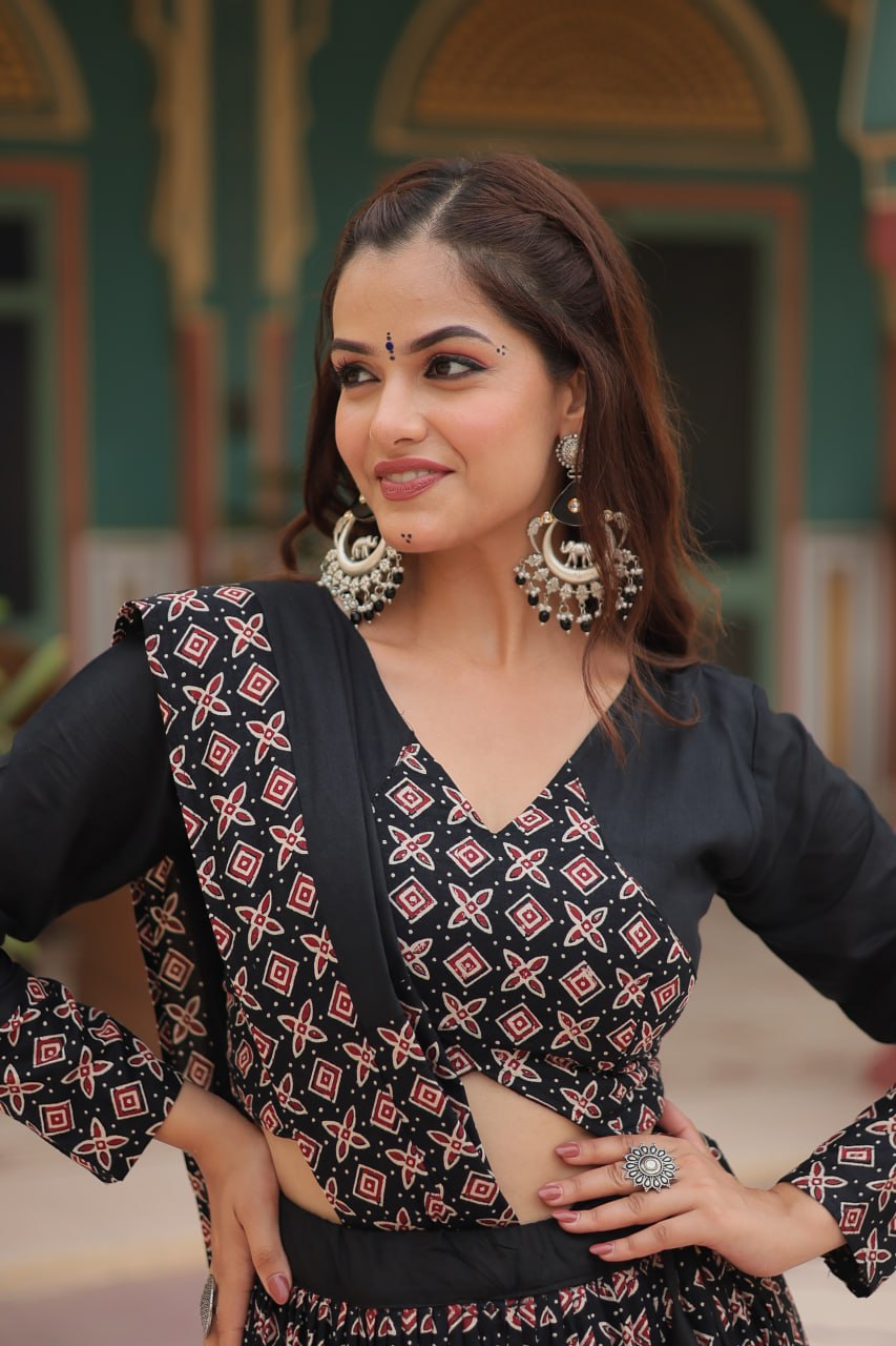 Lorenvalley Black Printed Rayon Navratri Collection Lehenga Choli with Dupatta | Swadesiicart