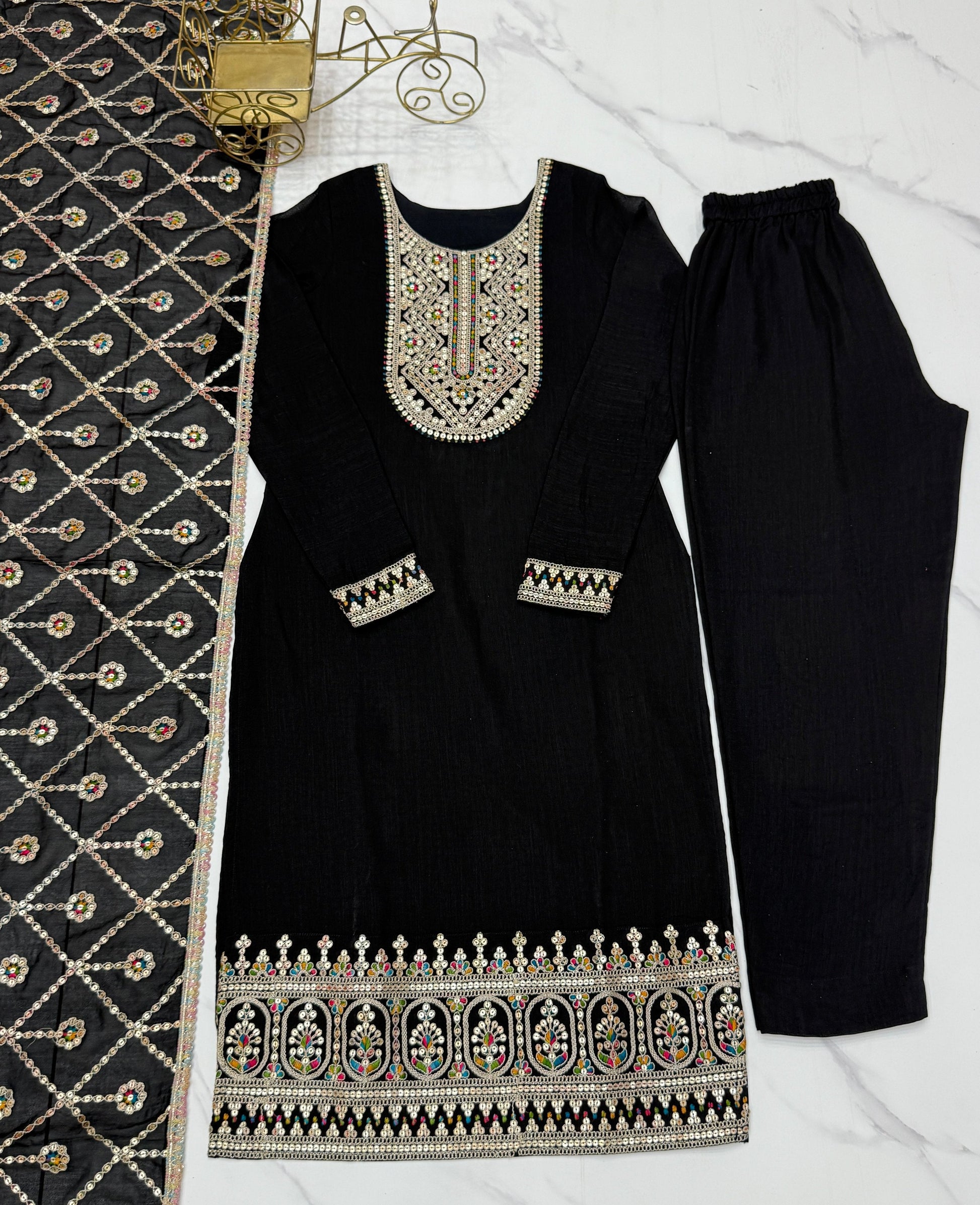 Lorenvalley Black Vichitra Silk Embroidery Sequence and Dori Thread Work Kurta Trousers with Dupatta Set | Swadesiicart