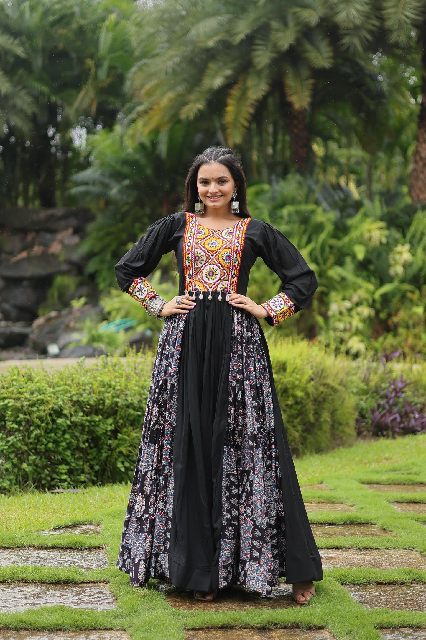 Lorenvalley Black Rayon Contrast of Printed with Kutchi Gamthi work Gown | Swadesiicart