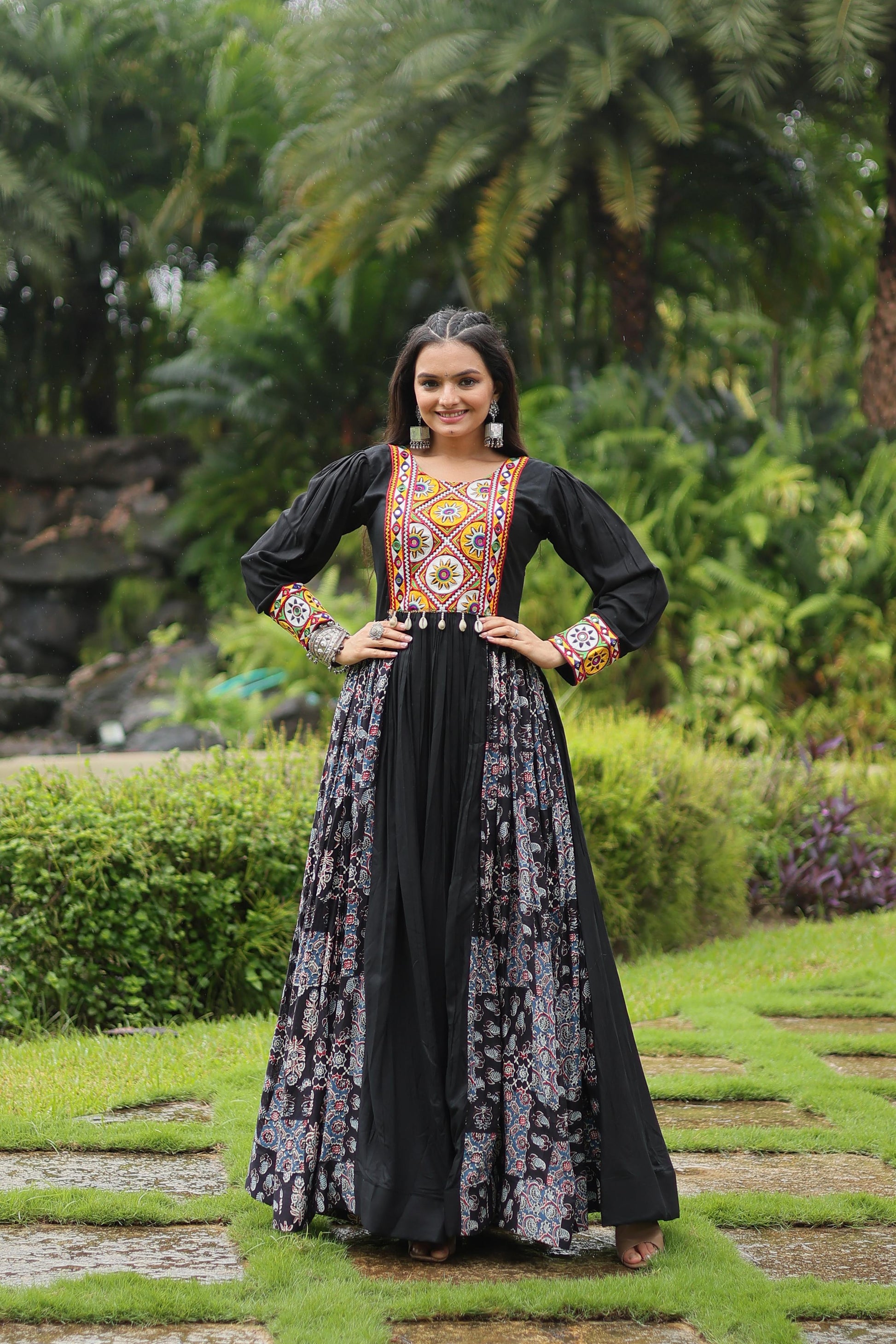 Lorenvalley Black Rayon Contrast of Printed with Kutchi Gamthi work Gown | Swadesiicart