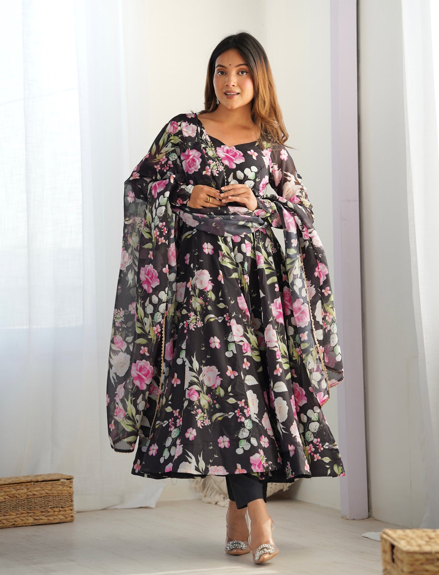 Lorenvalley Soft Organza Silk With Floral Print Fully Flared Anarkali Pant With Dupatta Set - Black | Swadesiicart