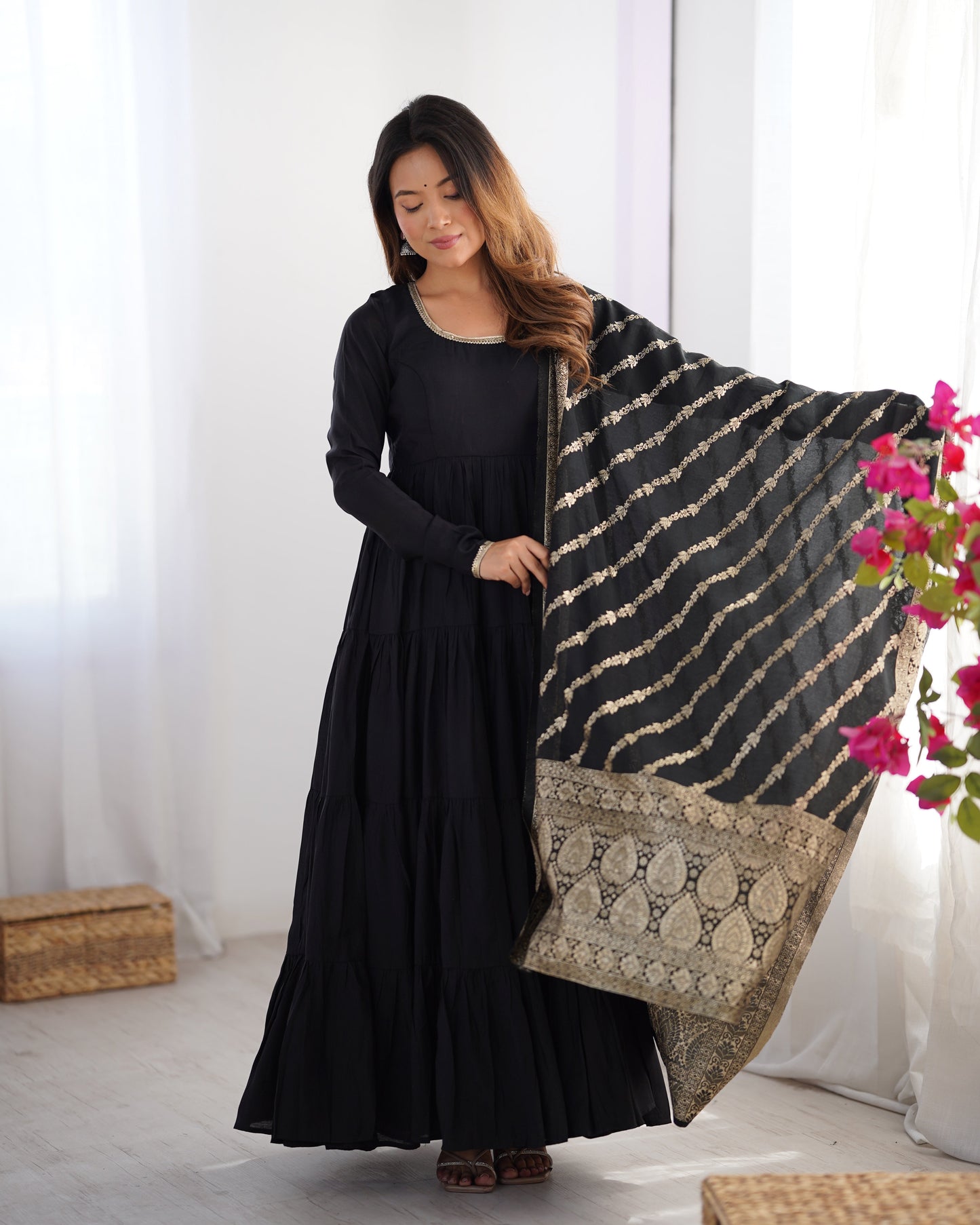 Lorenvalley Women Pure Roman silk Chanderi Fabric Layer Gathering Anarkali Kurta Pant With Dupatta Set | Swadesiicart