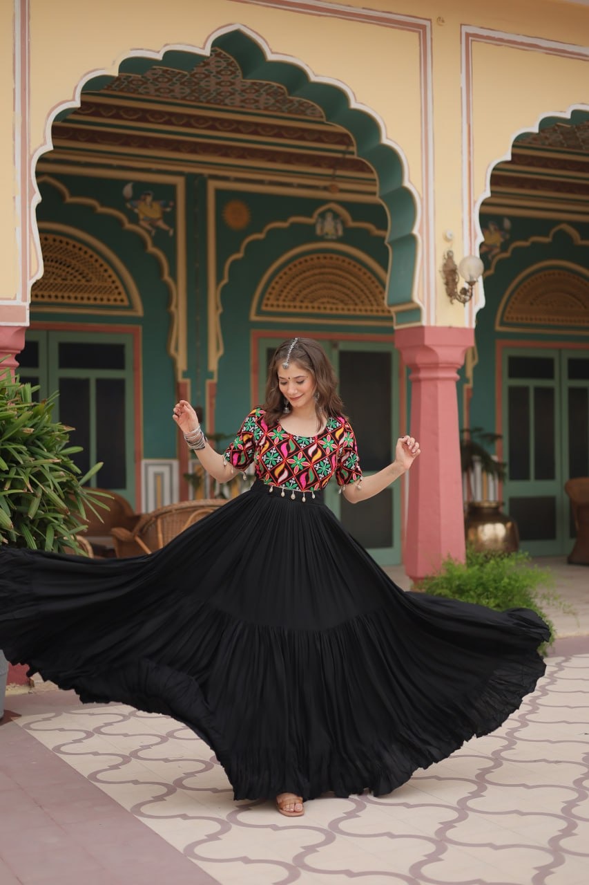 Lorenvalley Black Rayon Fabric with Kutchi Gamthi Kodi work Gown | Swadesiicart