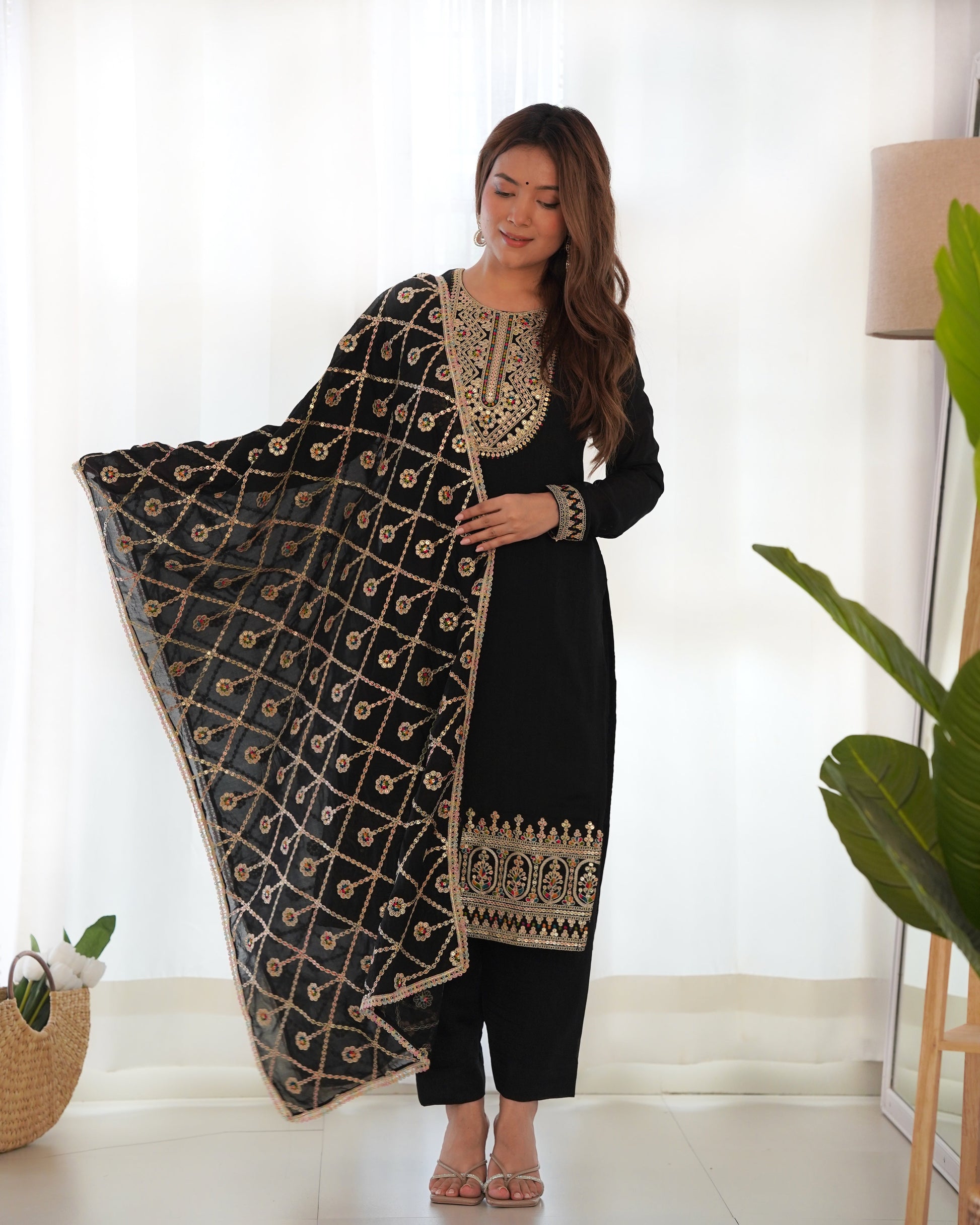 Lorenvalley Black Vichitra Silk Embroidery Sequence and Dori Thread Work Kurta Trousers with Dupatta Set | Swadesiicart
