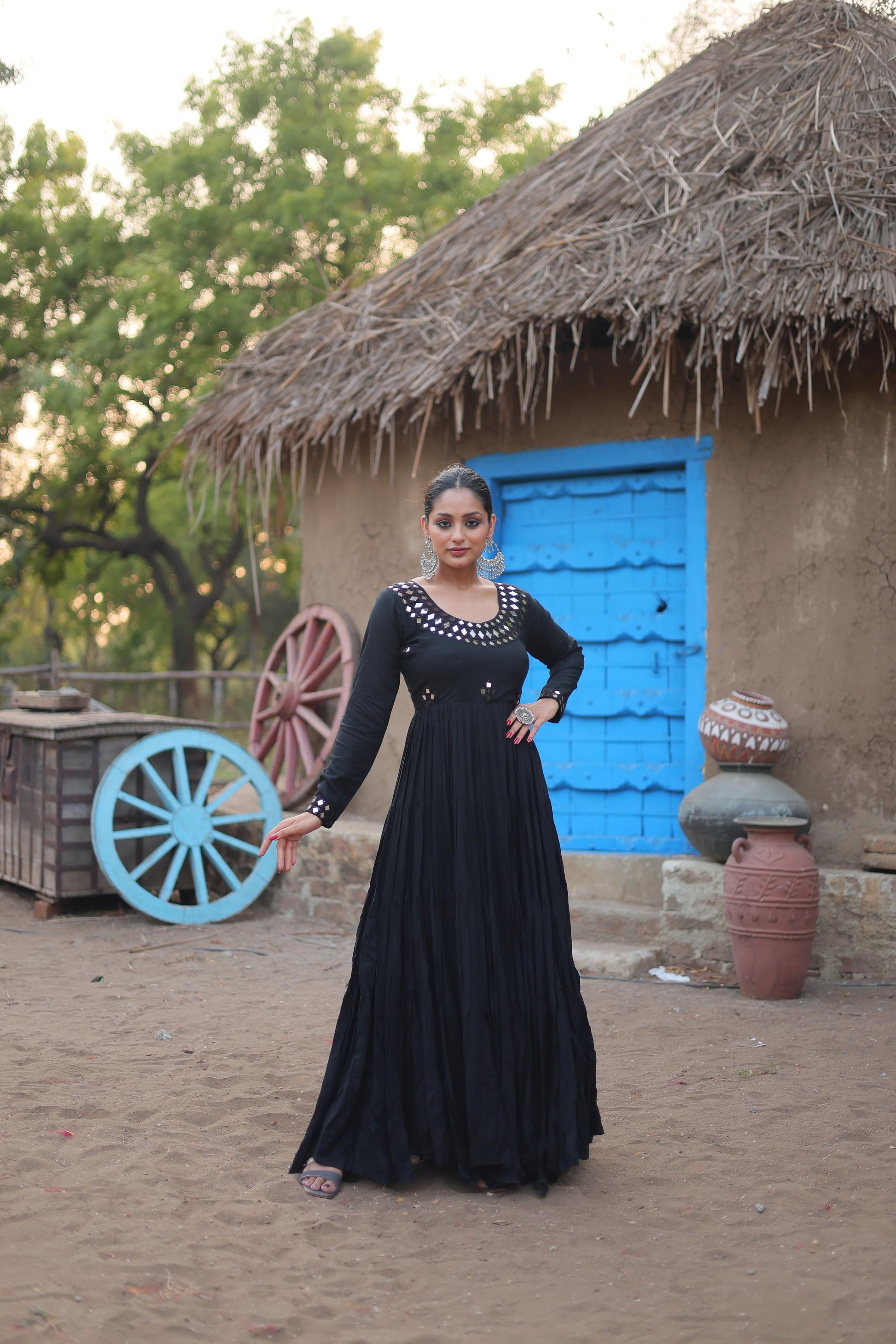 Lorenvalley Black Rayon Fabric With Real Mirror Work Gown | Swadesiicart