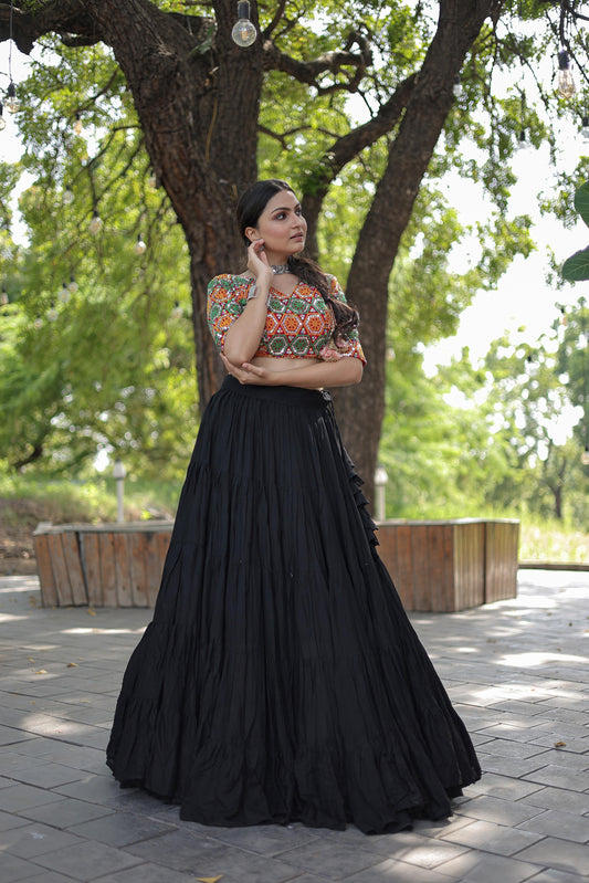 Lorenvalley Black Premium Rayon Lehenga with Georgette Embroidered Traditional Thread work Choli | Swadesiicart