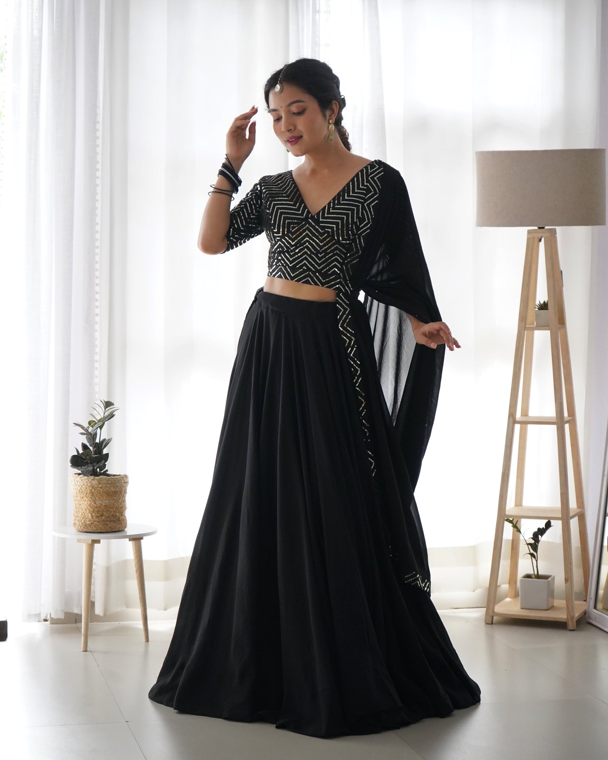 Lorenvalley Black Faux Georgette Plain Micro Cotton Full Inner with Canvas Patta Double Lining Lehenga Choli | Swadesiicart