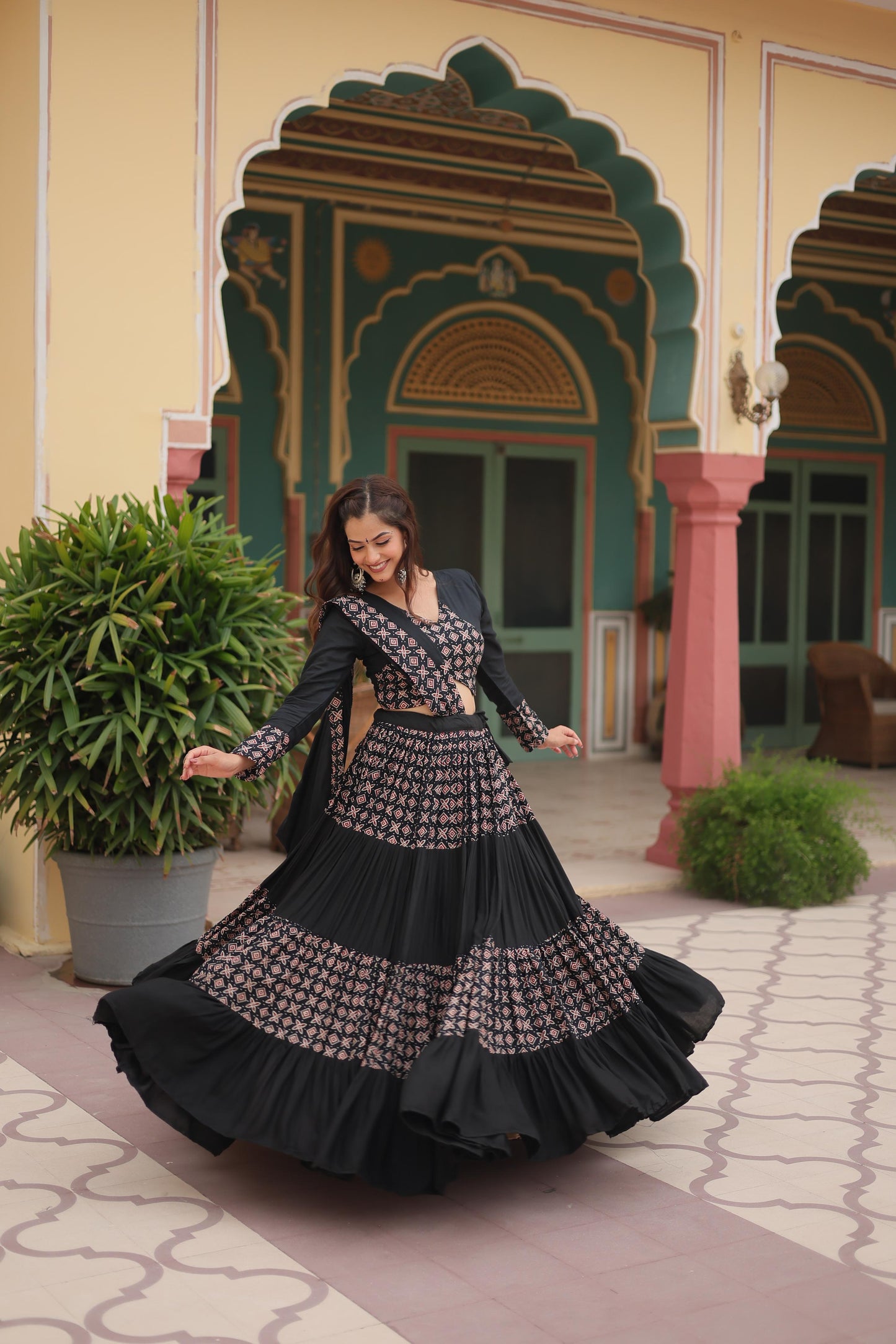 Lorenvalley Black Printed Rayon Navratri Collection Lehenga Choli with Dupatta | Swadesiicart