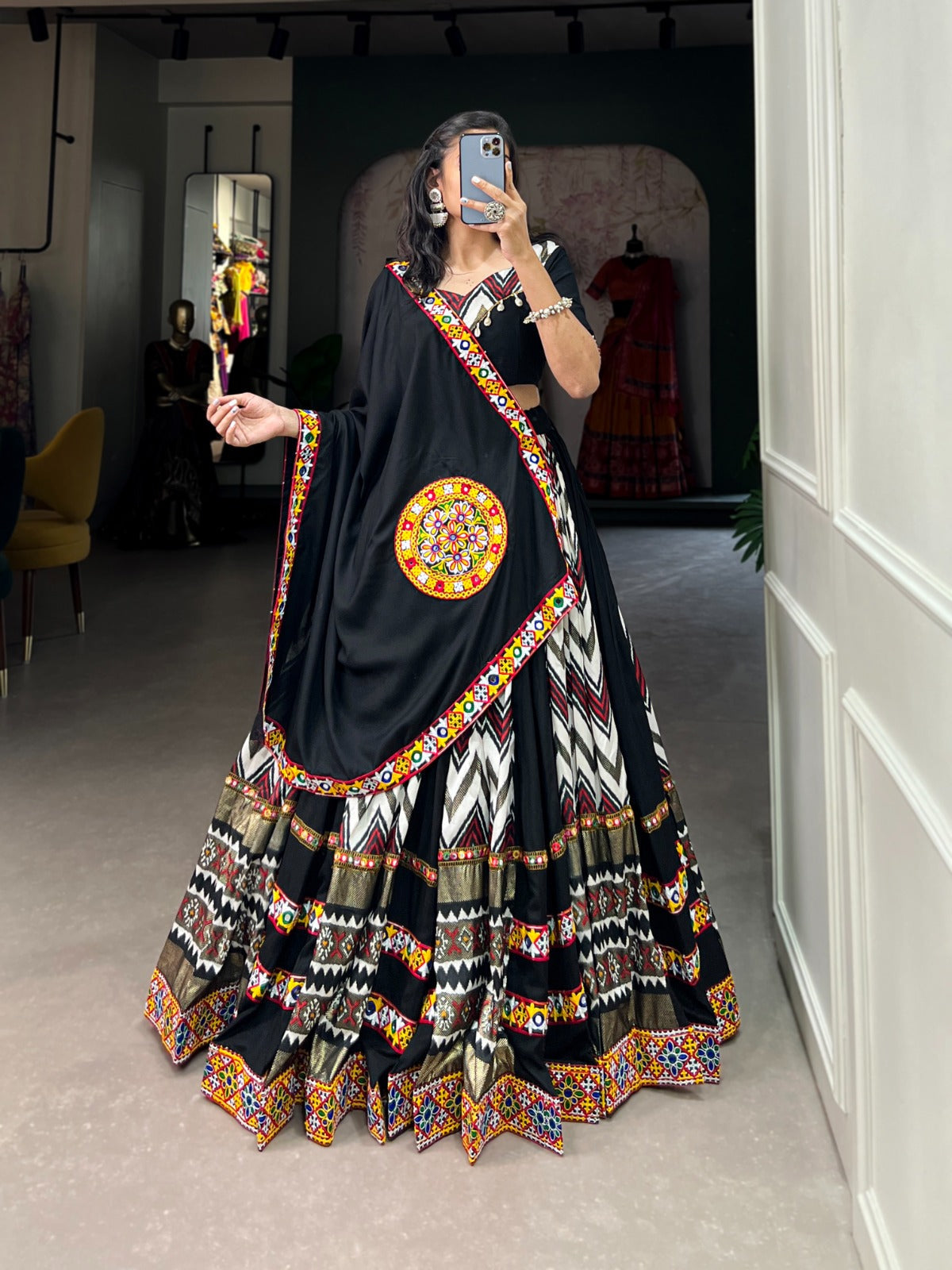 Lorenvalley Black Rayon With Printed Silk Original Mirror Gamthi Work Lehenga Choli With Dupatta | Swadesiicart