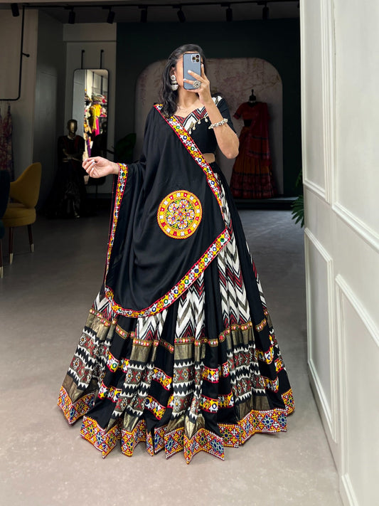 Lorenvalley Black Rayon With Printed Silk Original Mirror Gamthi Work Lehenga Choli With Dupatta | Swadesiicart