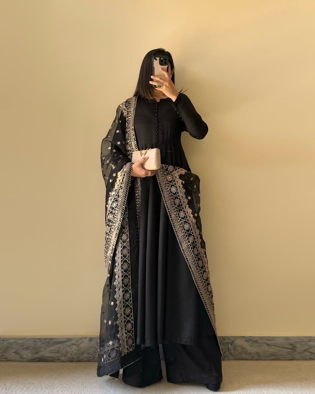 Lorenvalley Black Faux Georgette Yoke and Sleeve Potli Button Work Kurta Palazzo With Dupatta Set | Swadesiicart