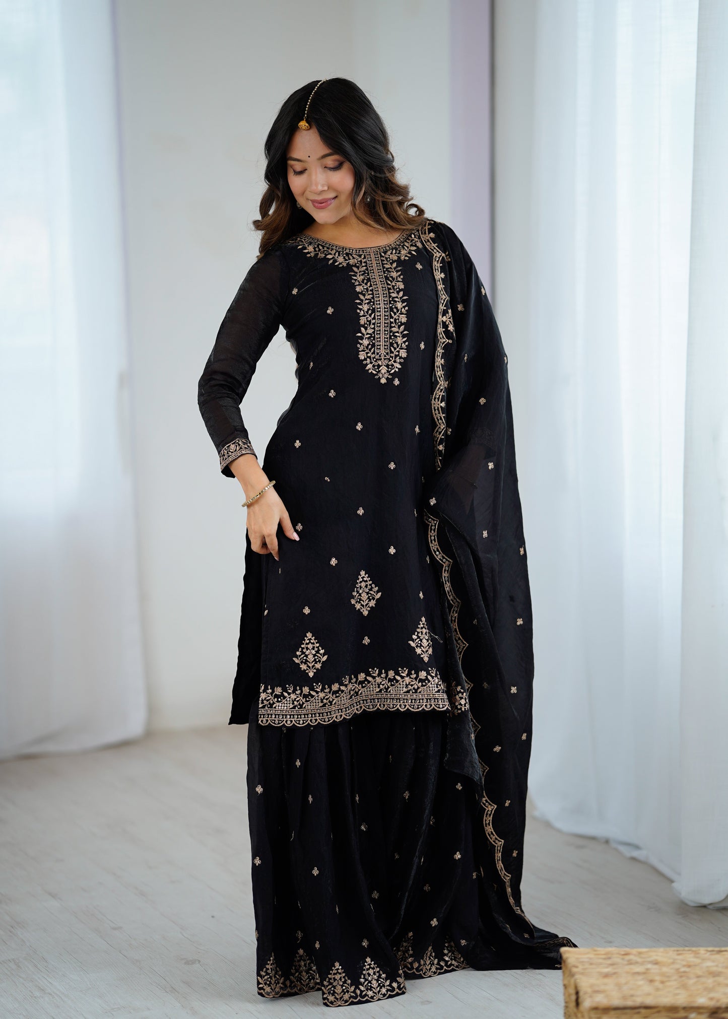 Lorenvalley Black Soft Crunchy Silk with Embroidery Sequence and Jari Work Kurta Palazzo with Dupatta | Swadesiicart