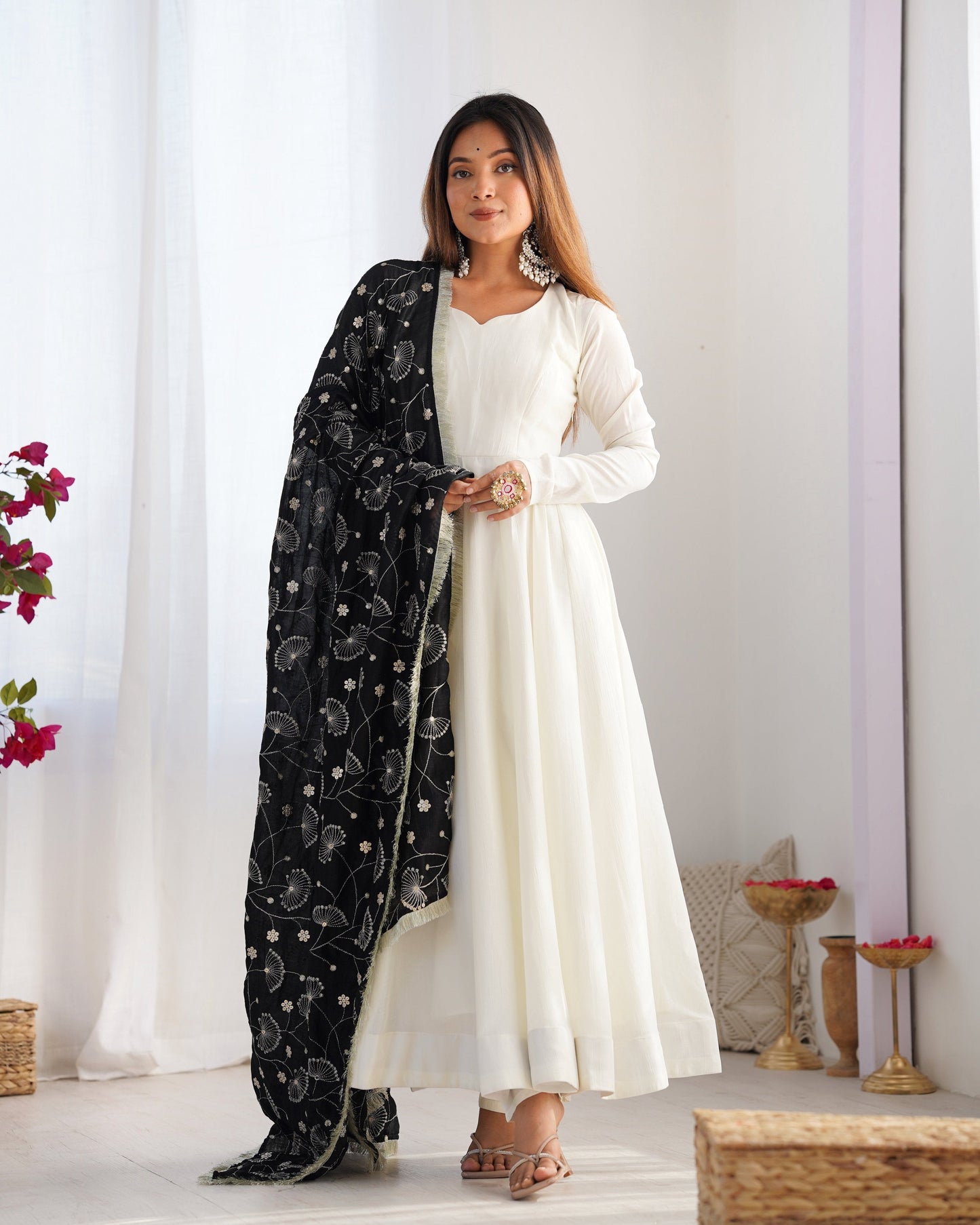 Lorenvalley Fashion White Vichitra Silk Fabric Fully Flared Anarkali Pant With Dupatta Set - Swadesiicart