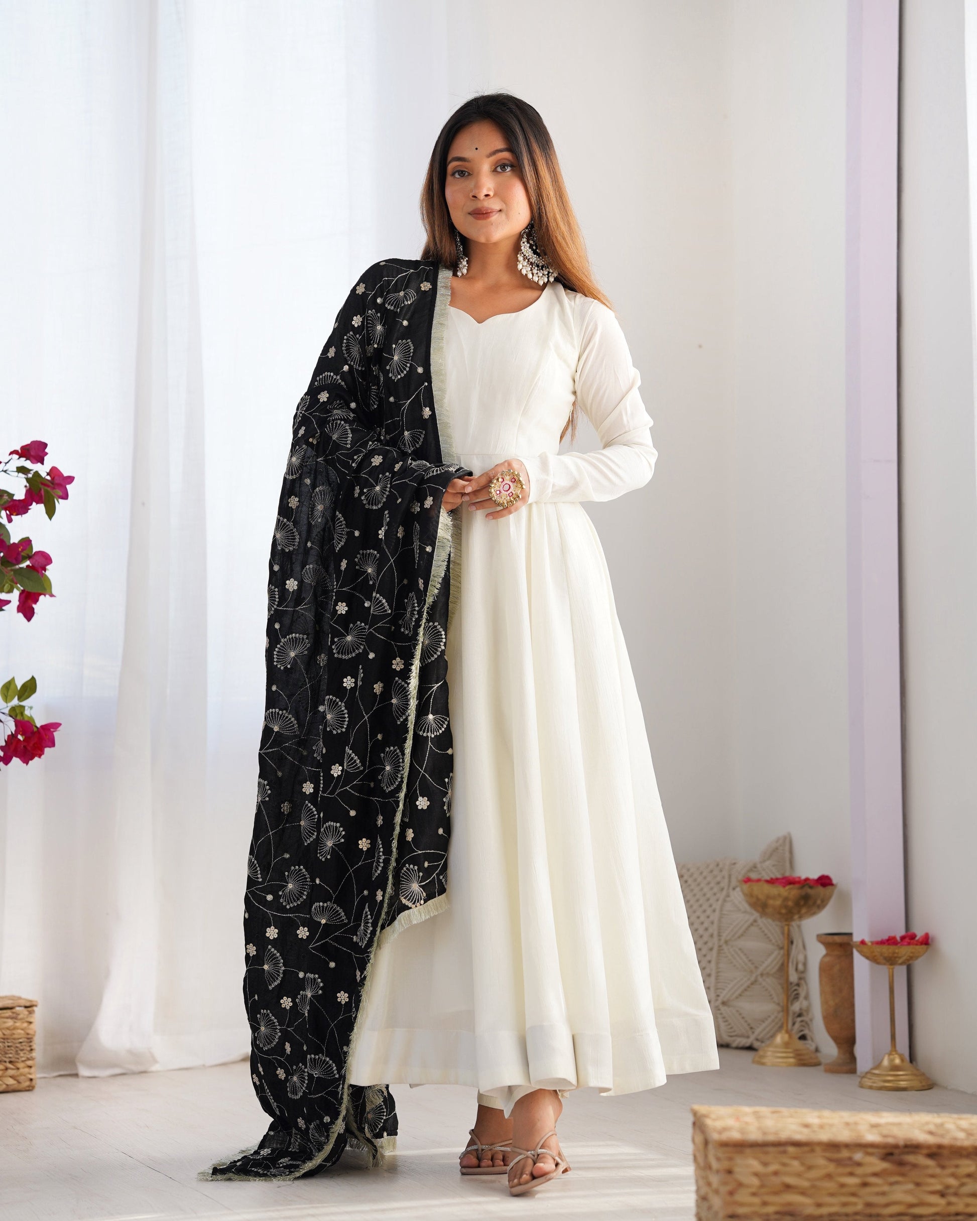 Lorenvalley Fashion White Vichitra Silk Fabric Fully Flared Anarkali Pant With Dupatta Set - Swadesiicart