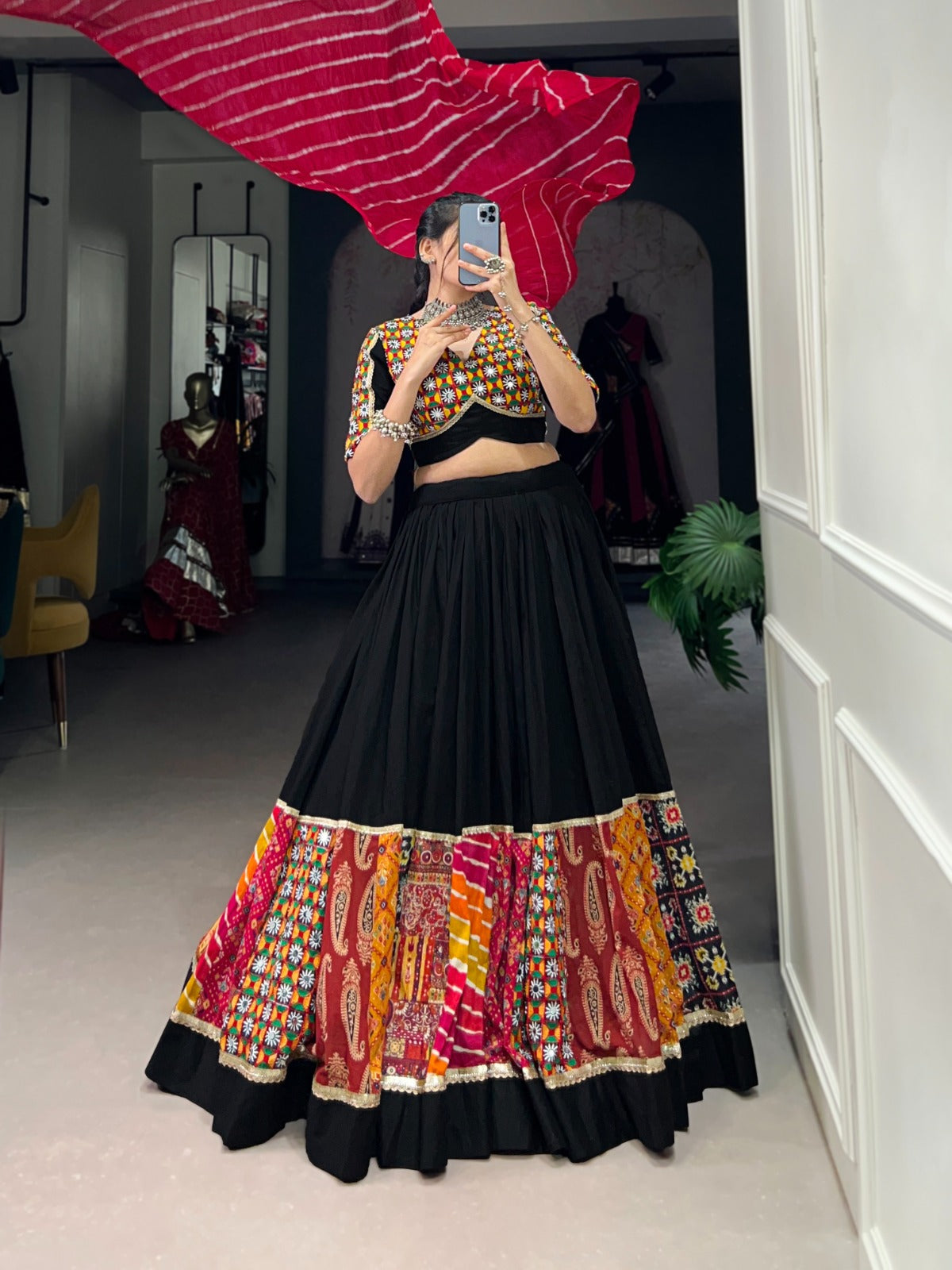 Lorenvalley Black Pure Rayon with Plain And Printed With Original Mirror Gamthi Work And Lace Touch Up Lehenga Choli | Swadesiicart