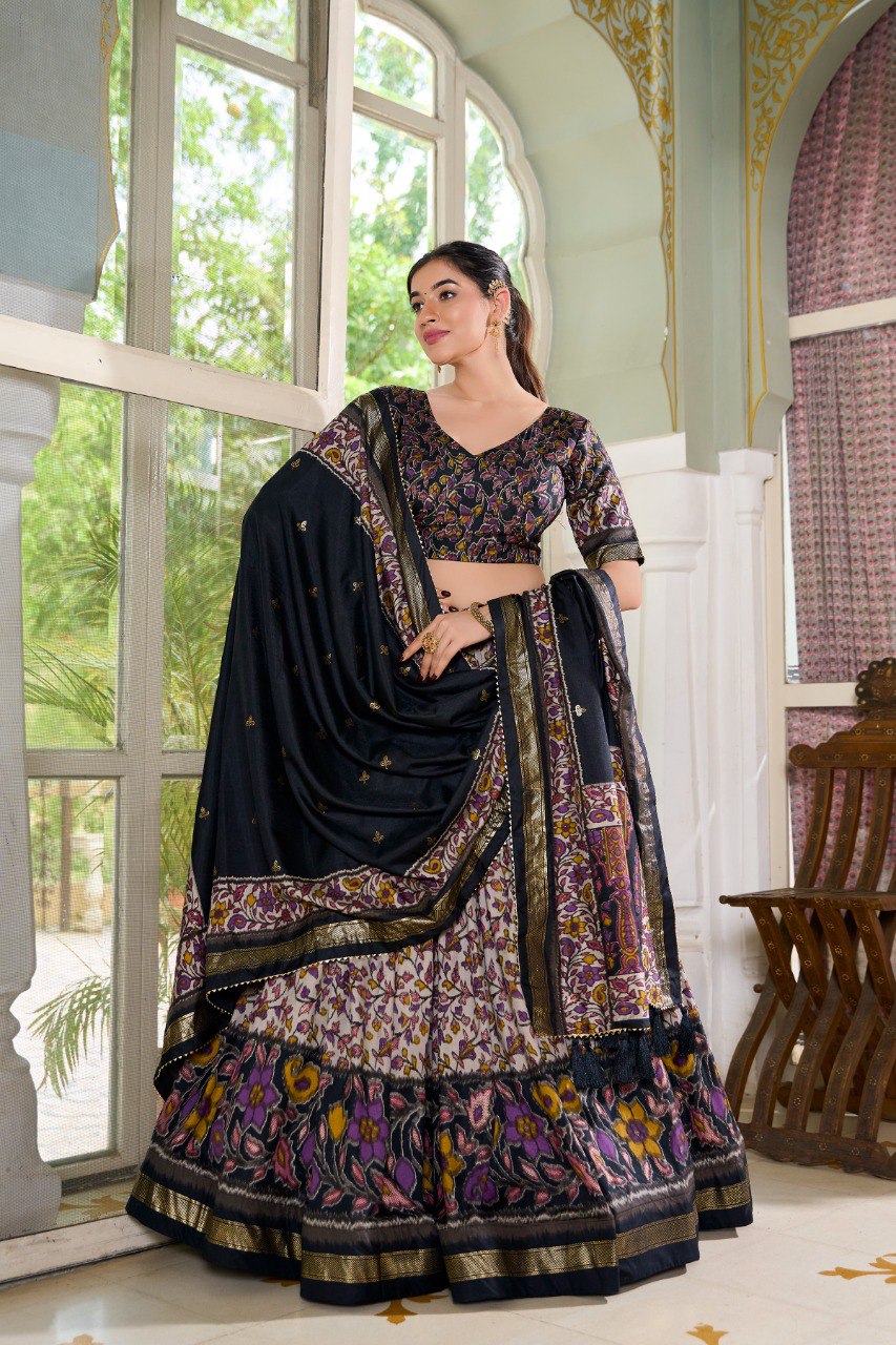 Lorenvalley Black Tussar Silk Floral Print with Foil Print Lehenga Choli with Dupatta | Swadesiicart