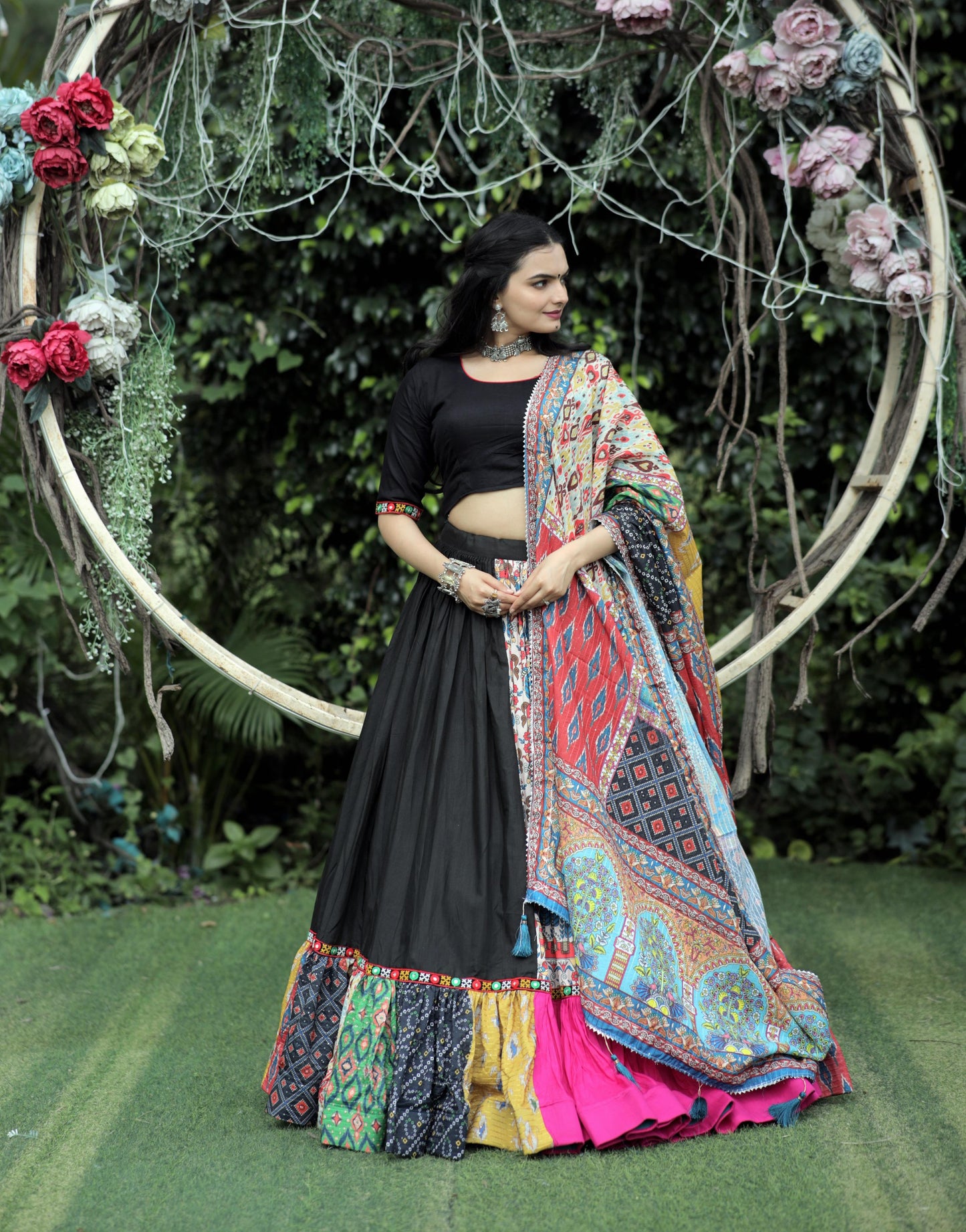 Lorenvalley Black Premium Rayon Lehenga with Choli with Digital Printed with Gotta Patti Lace Border Dupatta Set | Swadesiicart