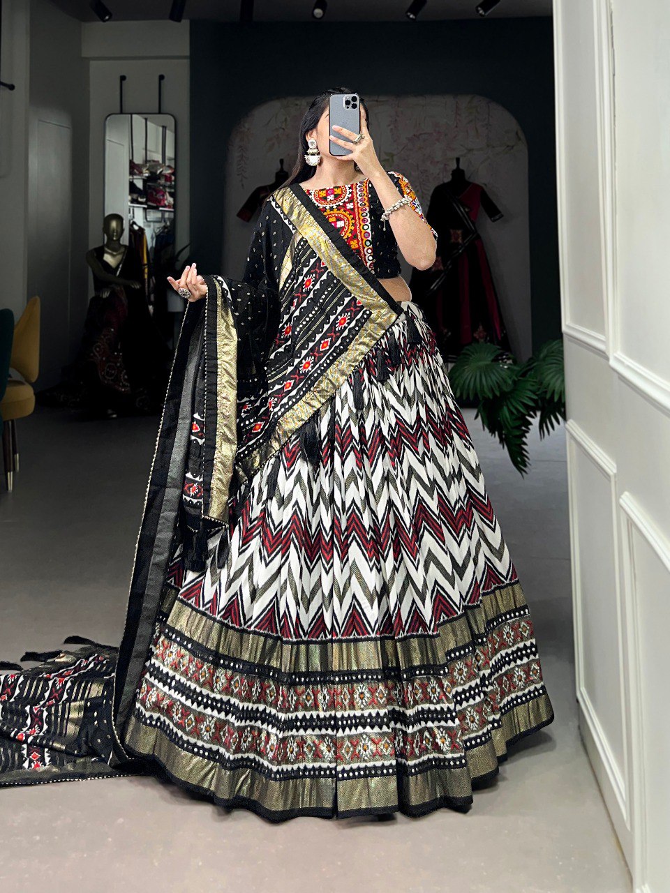 Lorenvalley Tussar Silk Black Leheriya Print with Foil Print and Paper Mirror Work Lace Lehenga Choli with Dupatta | Swadesiicart