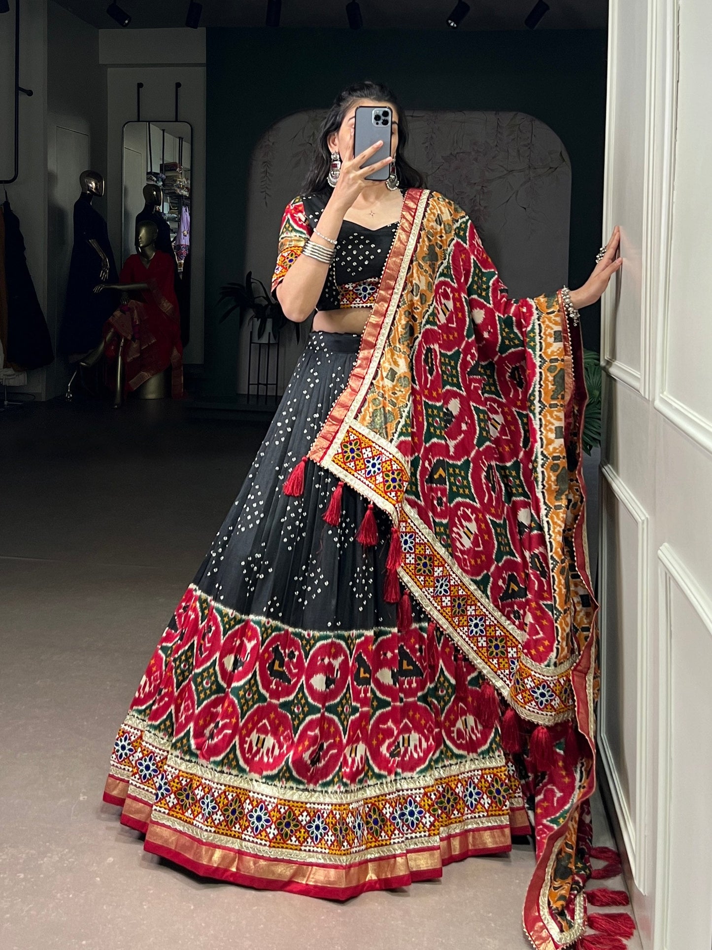 Lorenvalley Fashion Black Tasar Silk Print with Foil Work and Real Mirror Gamthi Work with Lace Touch Up Lehenga Choli with Dupatta | Swadesiicart