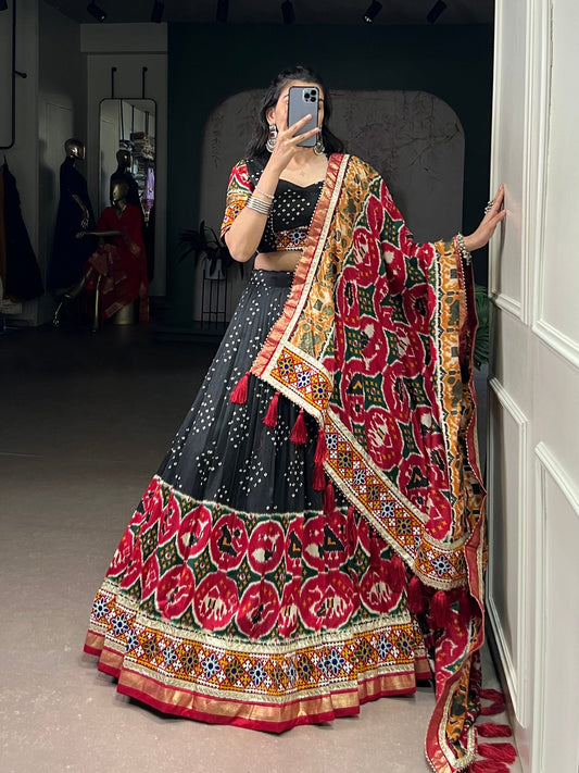 Lorenvalley Fashion Black Tasar Silk Print with Foil Work and Real Mirror Gamthi Work with Lace Touch Up Lehenga Choli with Dupatta | Swadesiicart