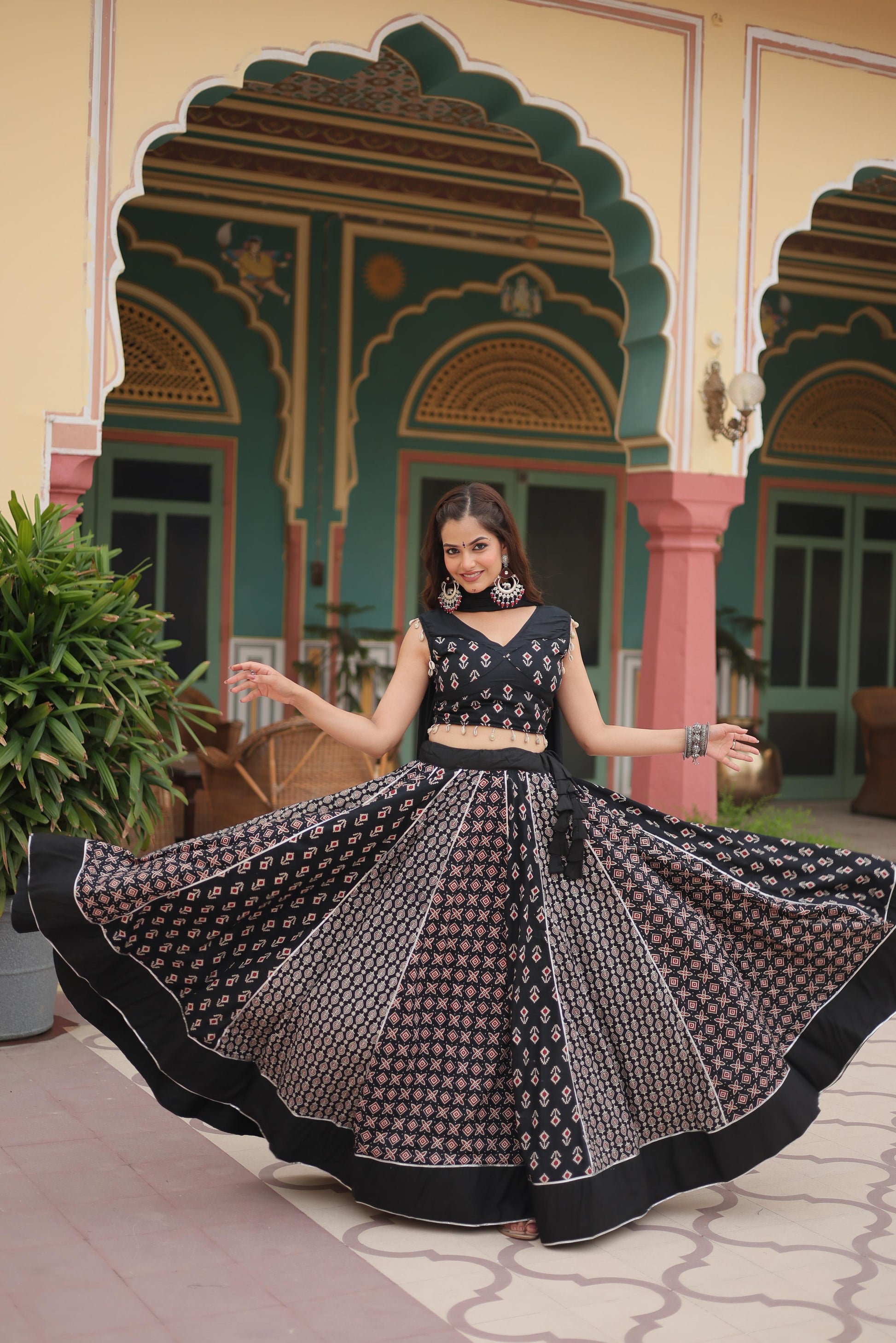 Lorenvalley Black Rayon Gota Patti Lace Printed Kali Pattern Lehenga Choli with Dupatta | Swadesiicart