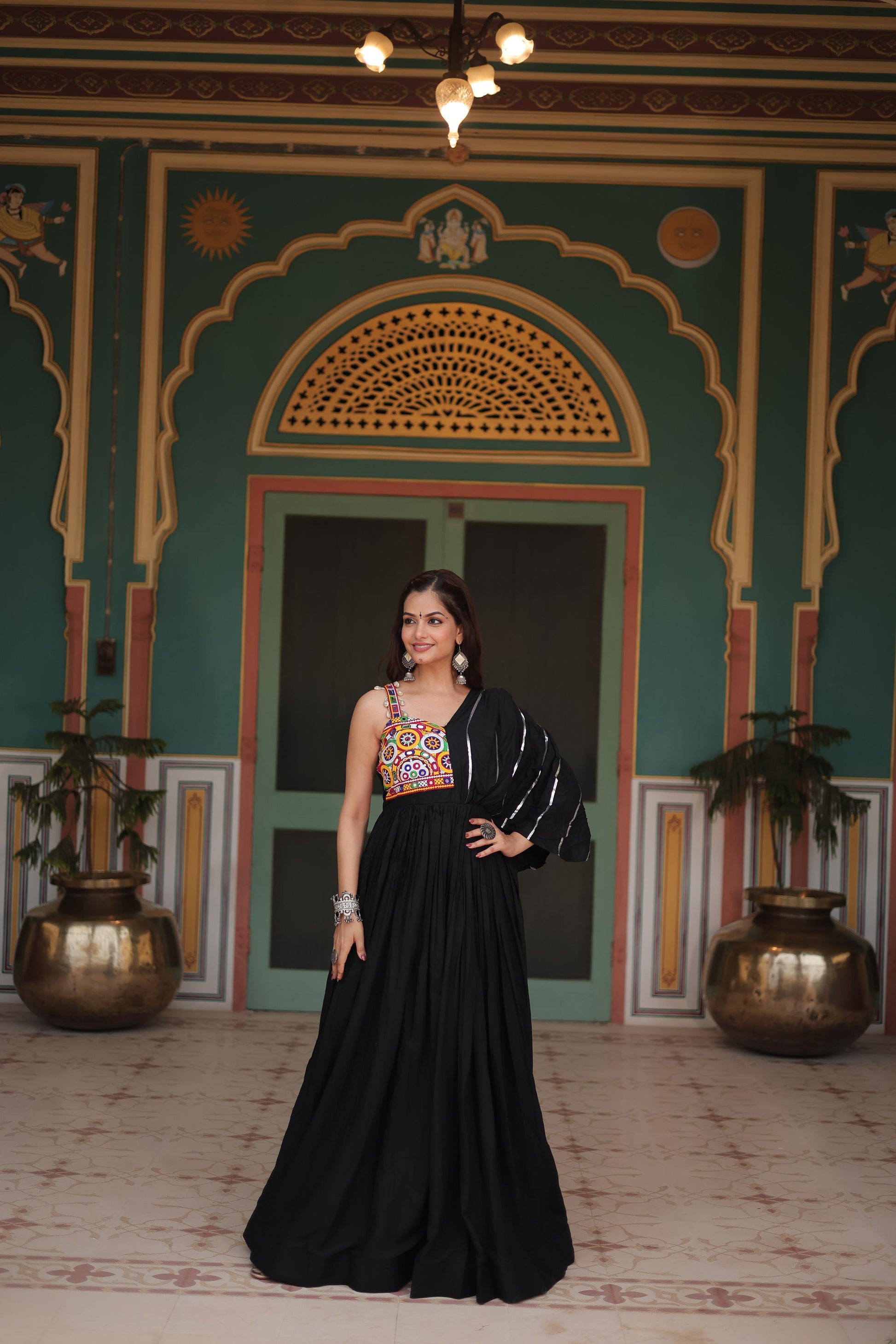 Lorenvalley Black Rayon Fabric with Designer Lace Gown | Swadesiicart