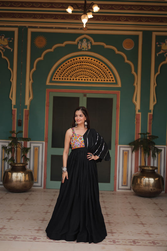 Lorenvalley Black Rayon Fabric with Designer Lace Gown | Swadesiicart