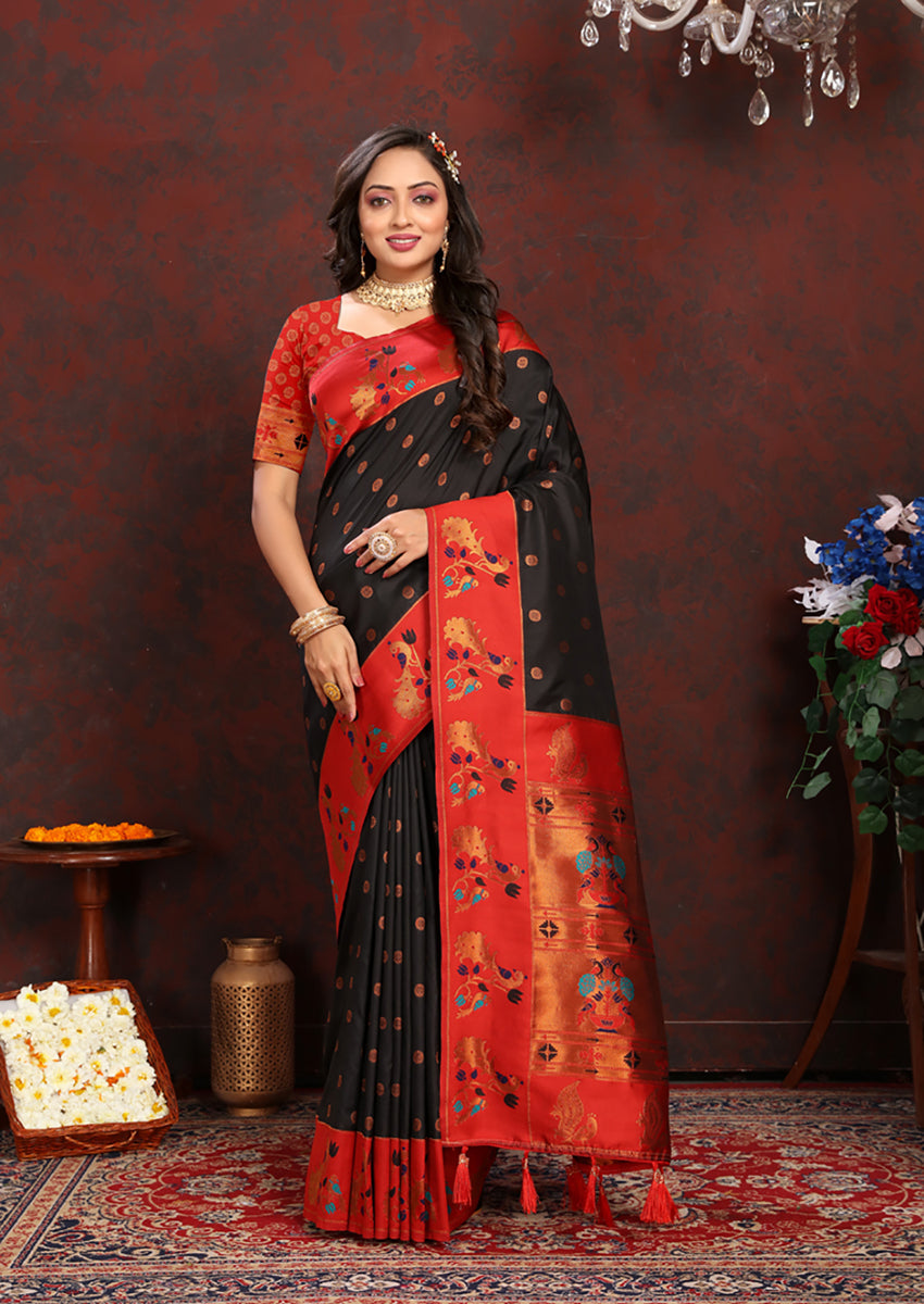 Lorenvalley Fashion Black Soft Paithani Silk Woven Design Rich Zari Meenakari Weaving Saree - Swadesiicart