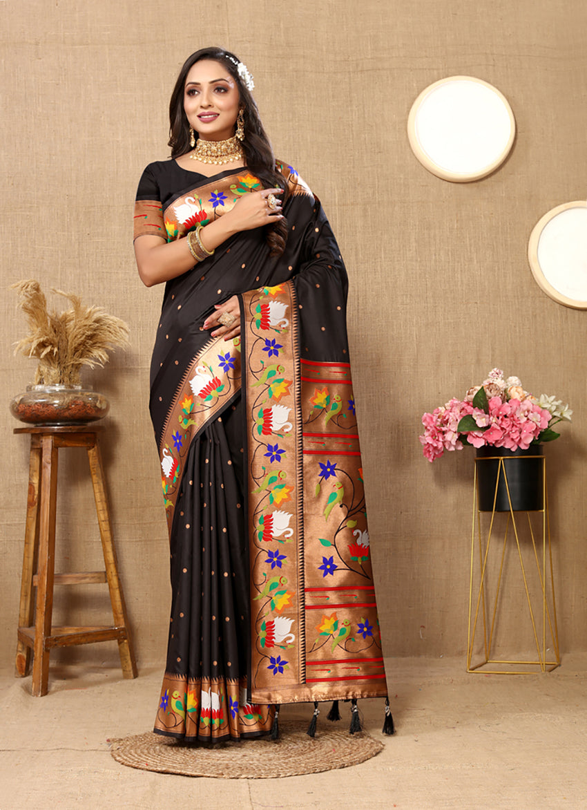 Lorenvalley Fashion Black Soft Paithani Silk Woven Design Rich Zari Meenakari Weaving Saree - Swadesiicart