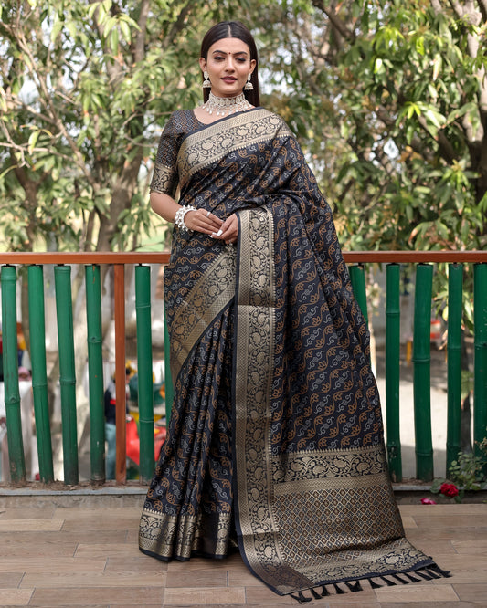 Lorenvalley Premium Bandhej Patola Silk Sarees with kanchi Borders and Contrast Zari Weaving borders Saree - Black - Swadesiicart