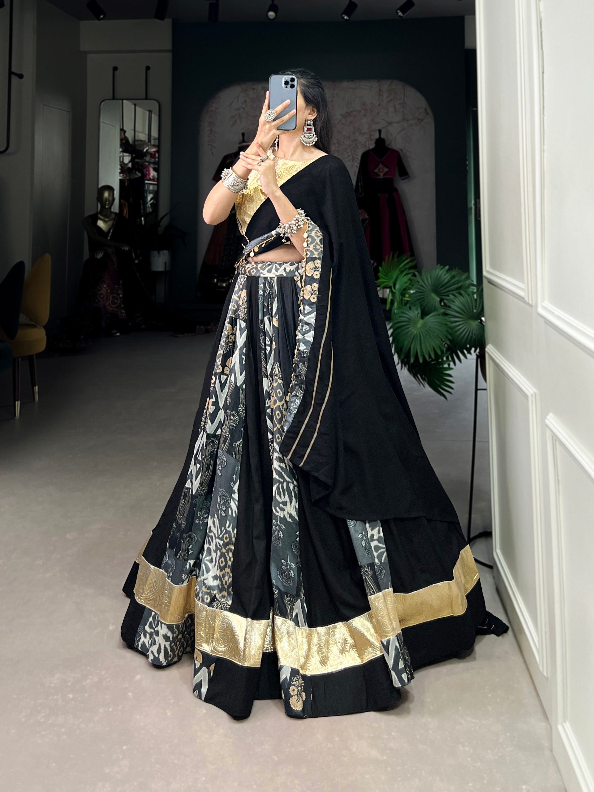 Lorenvalley Rayon and Tussar Silk Black Plain And Printed With Embossed Design Gota Lace Lehenga Choli with Dupatta | Swadesiicart