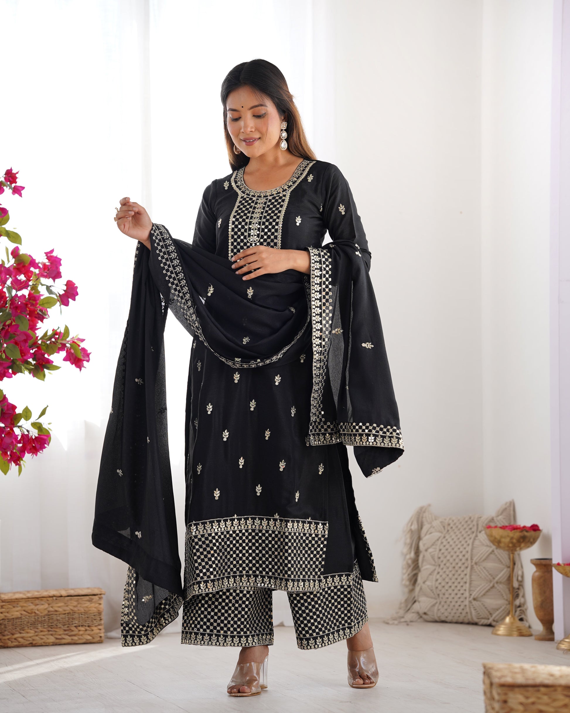 Lorenvalley Black Chinon Silk Embroidery Sequence and Jari Work Kurta Trousers with Dupatta Set | Swadesiicart