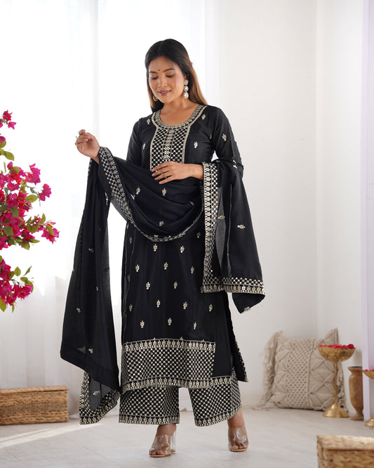 Lorenvalley Black Chinon Silk Embroidery Sequence and Jari Work Kurta Trousers with Dupatta Set | Swadesiicart