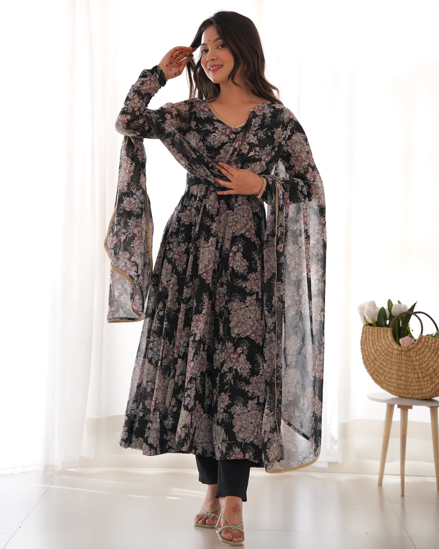 Lorenvalley Pure Faux Georgette Multi Floral Print Fully Flared Anarkali Pant With Dupatta Set - Black | Swadesiicart
