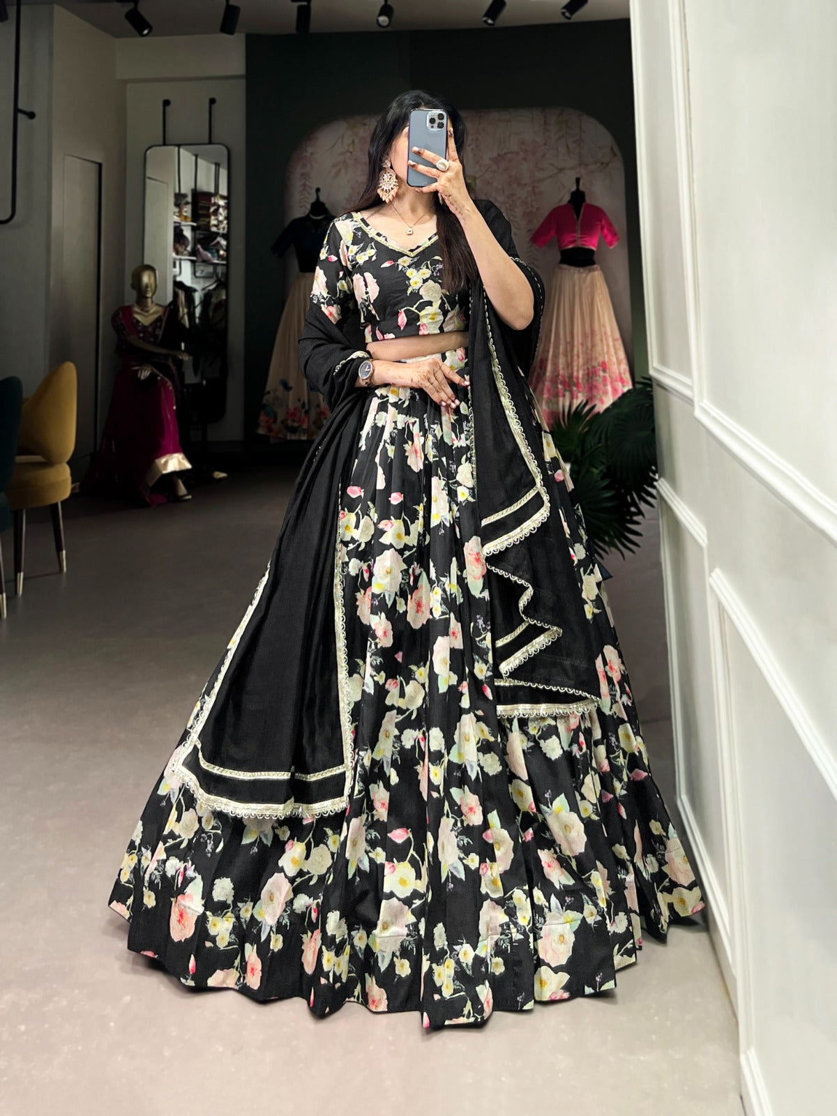 Lorenvalley Black Tussar Silk Floral Printed Lehenga Choli | Swadesiicart