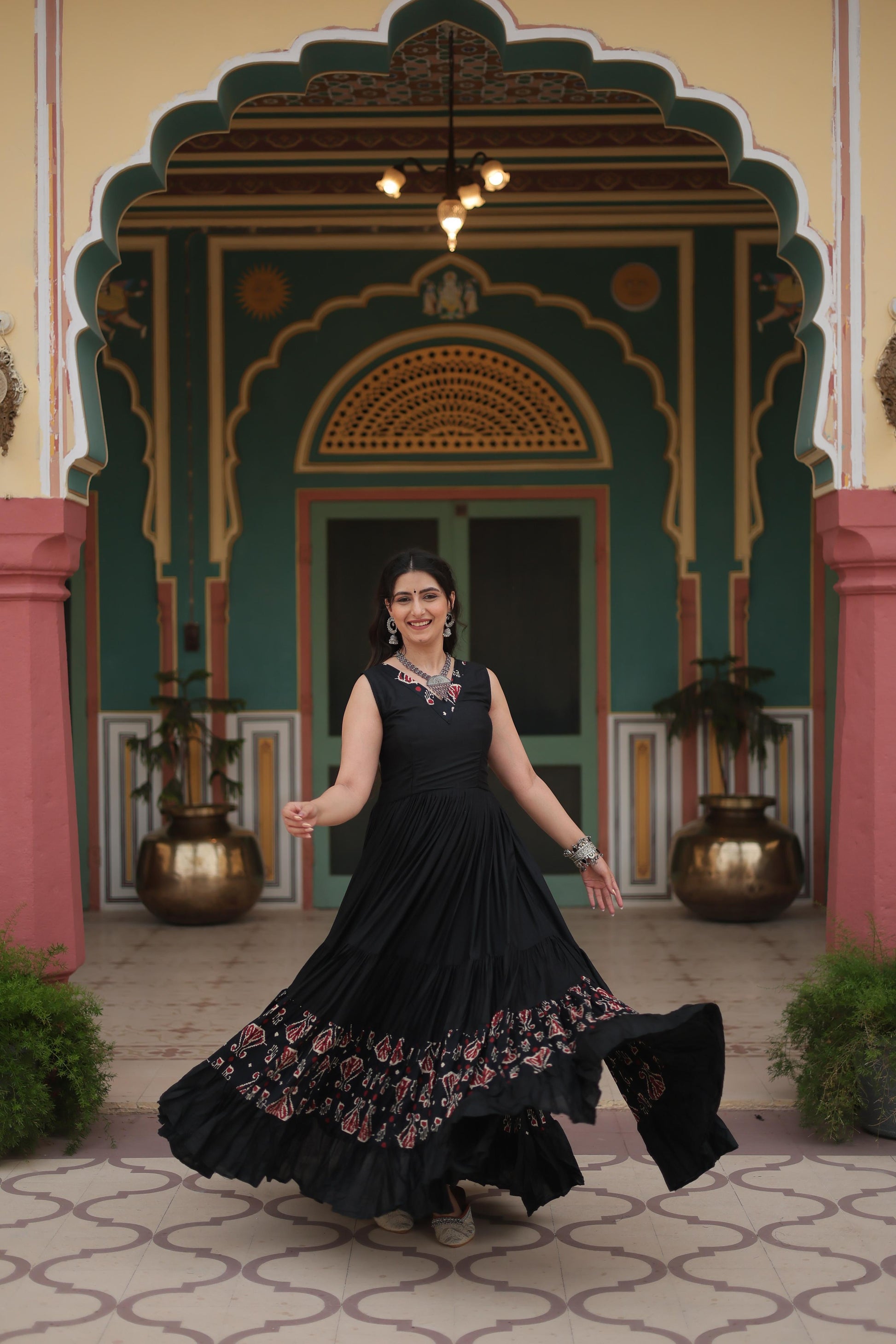 Lorenvalley Black Rayon Fabric with Printed Attached In Frill And Neck Gown | Swadesiicart