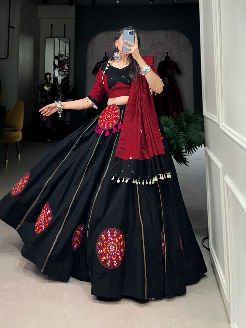 Lorenvalley Black Pure Cotton Plain And Gamthi Patch Work With Gota Patti Lehenga Choli with Dupatta | Swadesiicart
