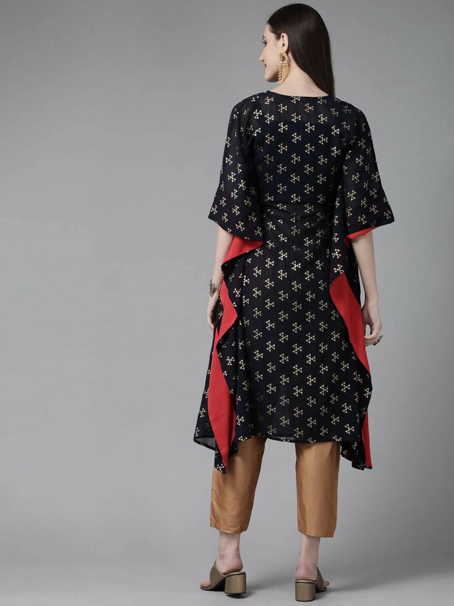Ahalyaa Women Navy Blue Georgette Gold Printed Kaftan Kurta | Swadesiicart