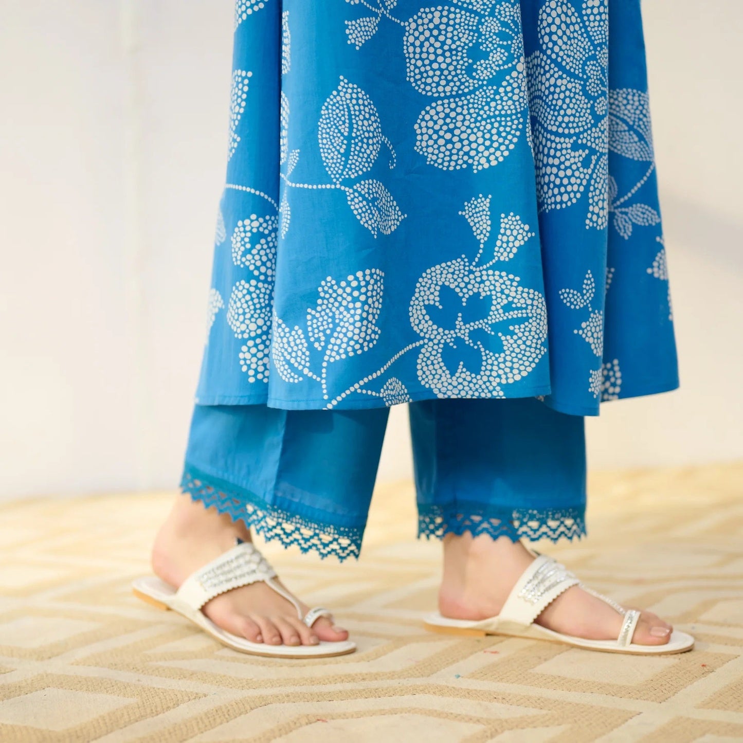 Pimu Women Floral Printed Pleated Pure Cotton Kurta with Palazzos-Blue - Swadesiicart