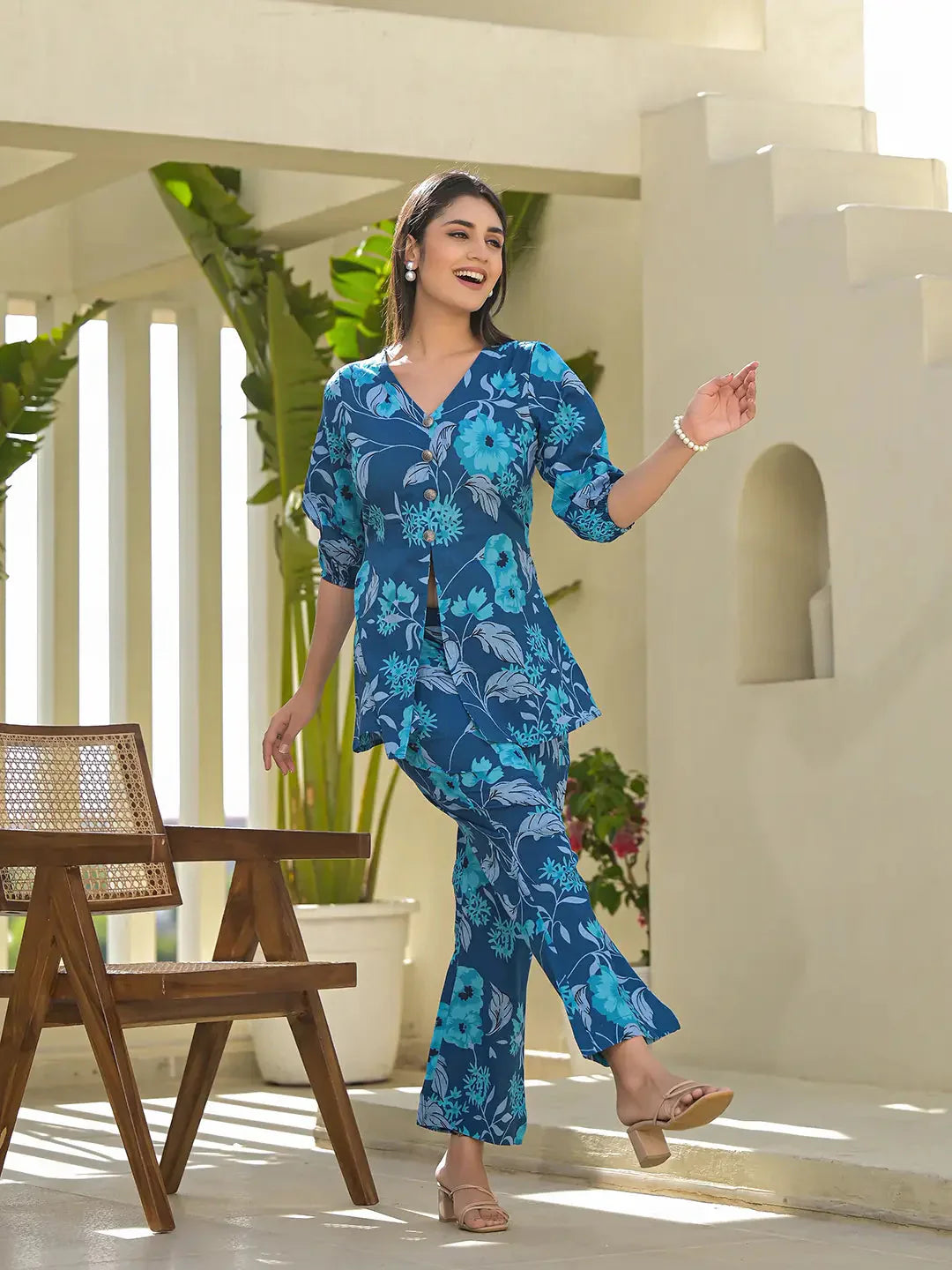 Yufta Blue Cotton Ethnic Motifs Print Co-Ord Set - Swadesiicart